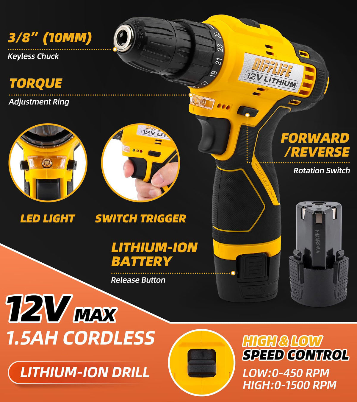 DIFFLIFE 12V Drill Driver Power Tool Combo Kits with Cordless Drill, Professional Household Home Tool Kit Set, DIY Hand 