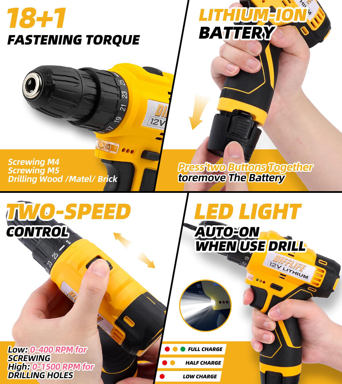 DIFFLIFE 12V Drill Driver Power Tool Combo Kits with Cordless Drill, Professional Household Home Tool Kit Set, DIY Hand 
