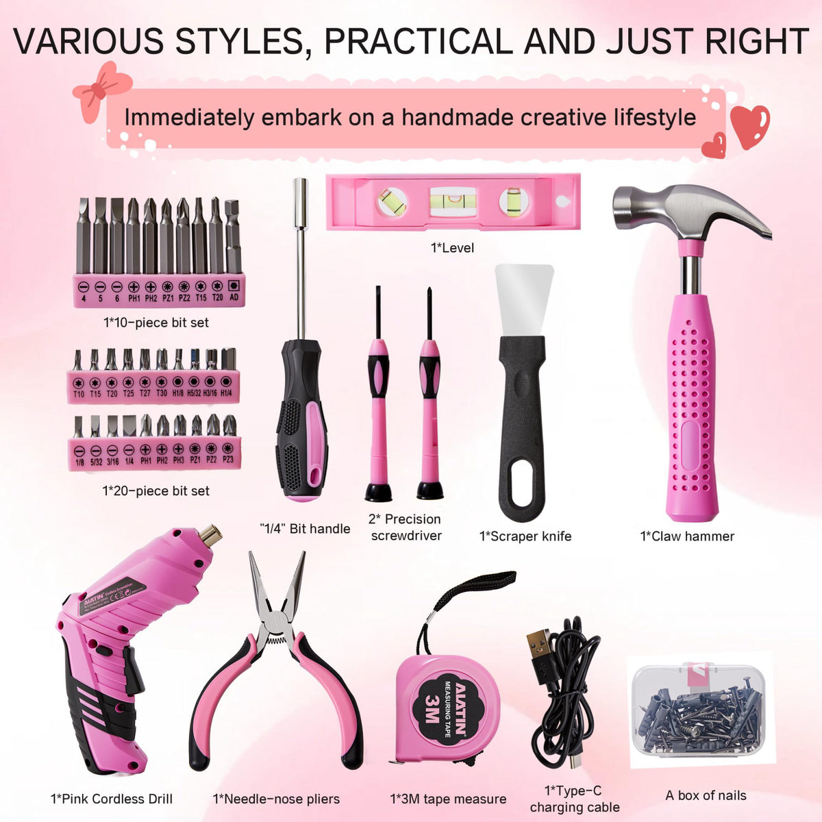 NIKI MOTORSPORTS Electric Screwdriver Cordless, 40Pcs Pink Tool Set – packaging and label