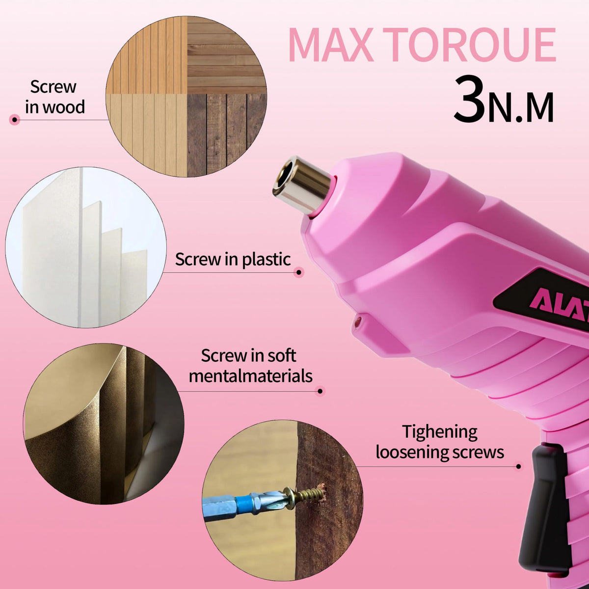 NIKI MOTORSPORTS Electric Screwdriver Cordless, 40Pcs Pink Tool Set – back view and specifications
