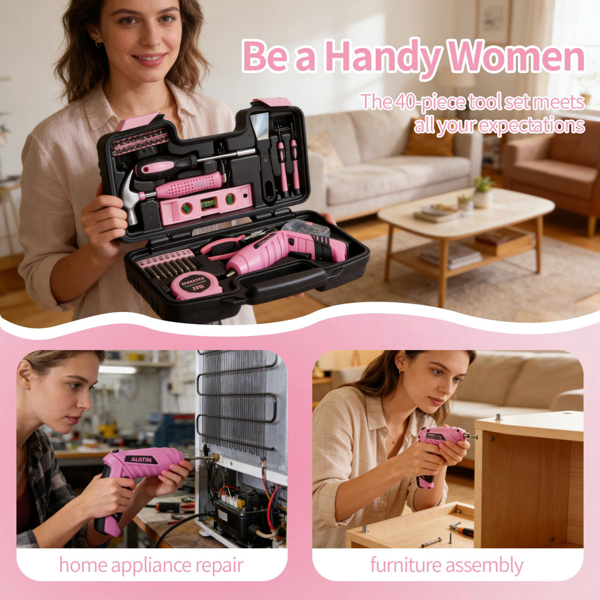 NIKI MOTORSPORTS Electric Screwdriver Cordless, 40Pcs Pink Tool Set – alternate angle