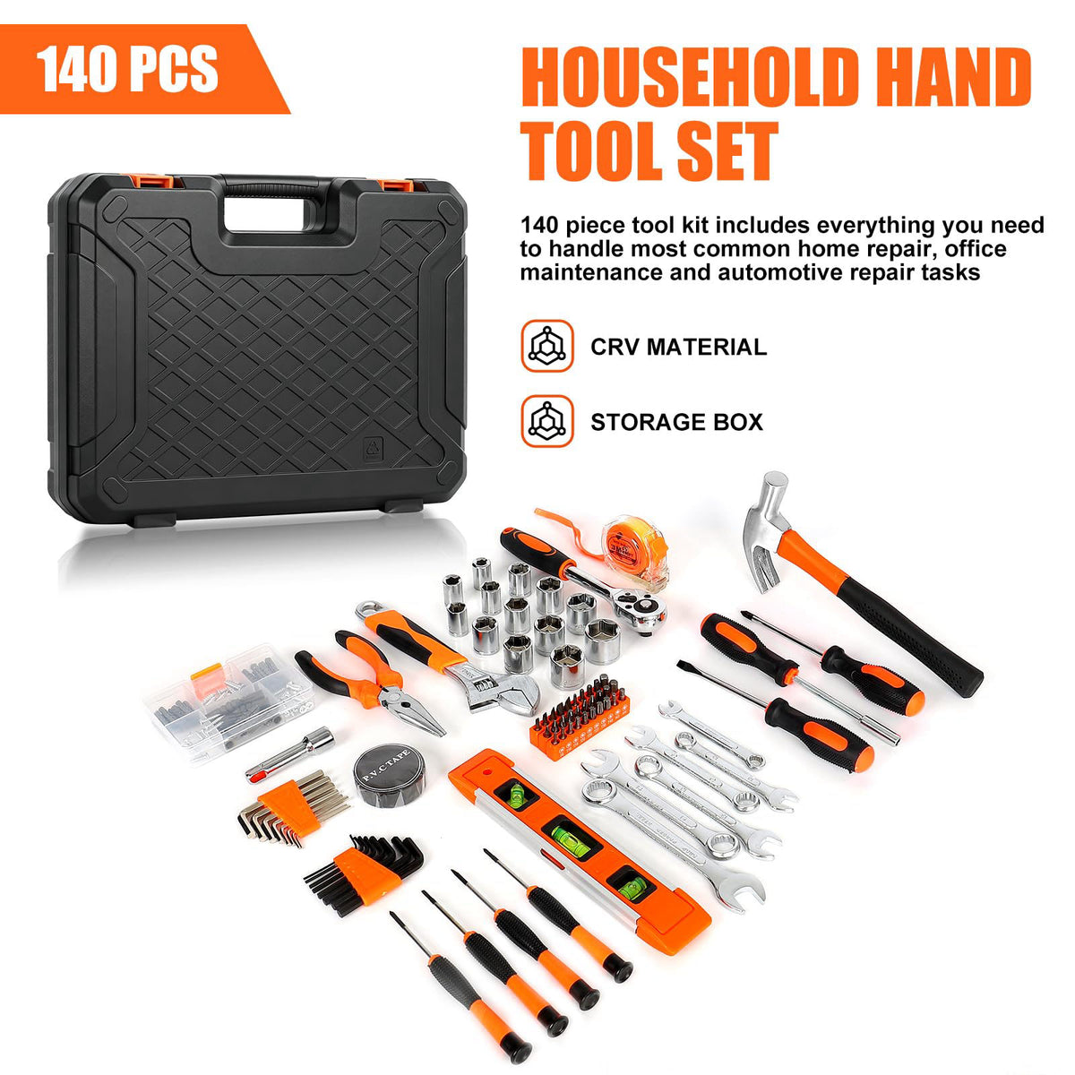 JENABOM Tool Set, 140PCS Home Hand Tool Kit with Storage Tool Box – close-up detail