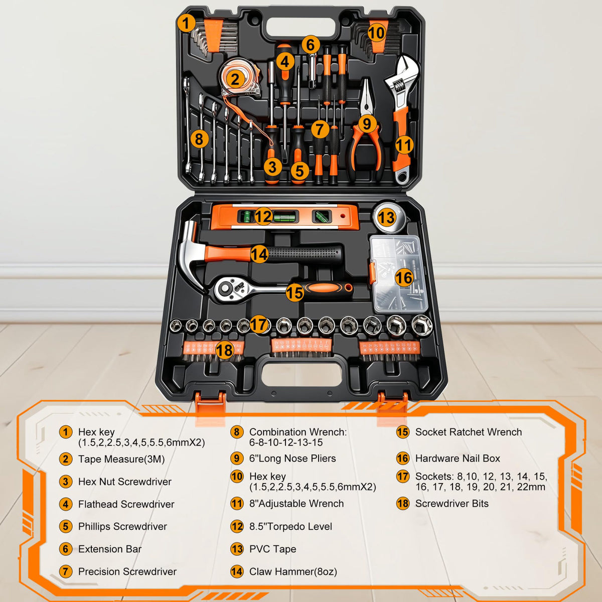 JENABOM Tool Set, 140PCS Home Hand Tool Kit with Storage Tool Box – packaging and label