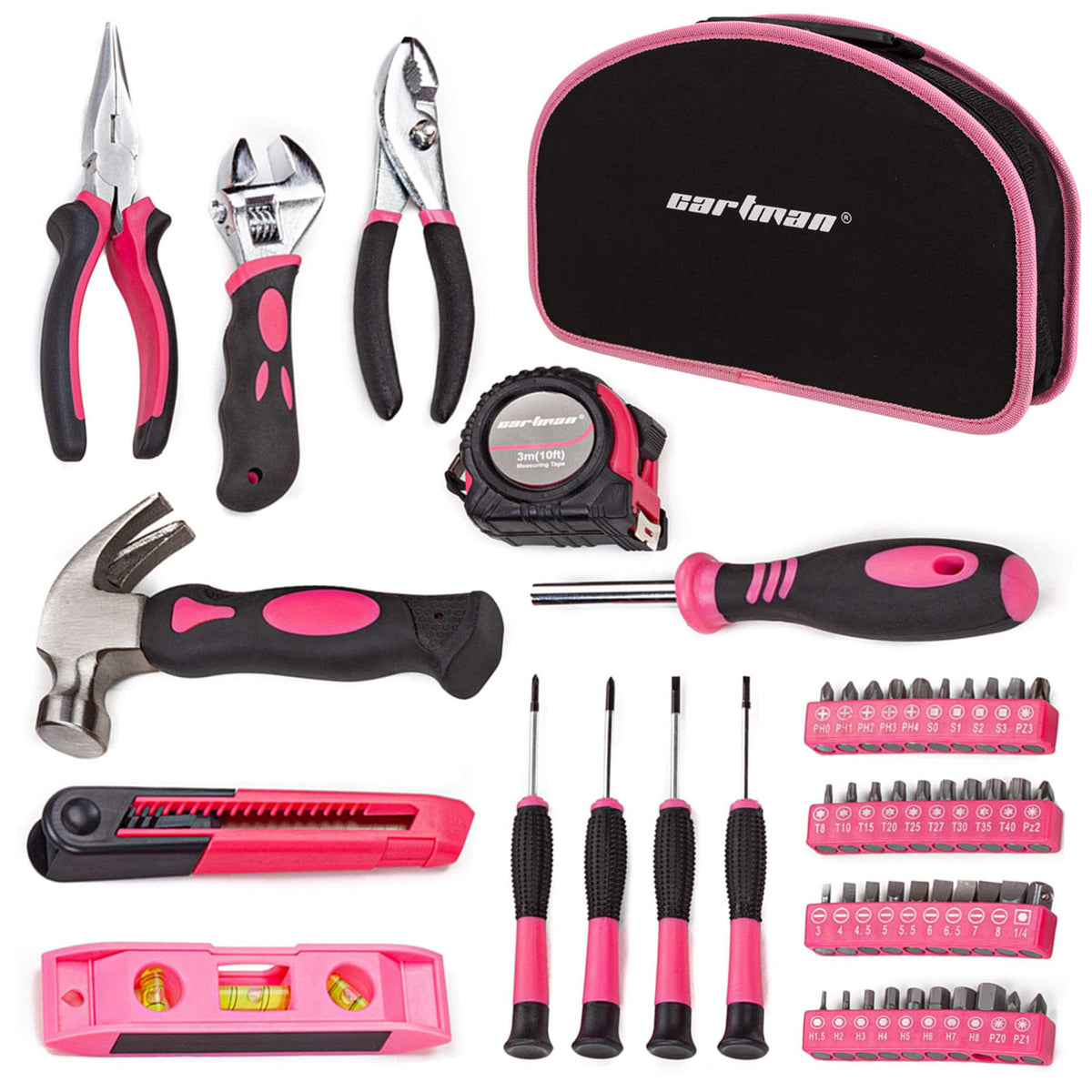 CARTMAN 52-Piece Pink Hand Tool Set, Home Repair Kit With Round Carry Pouch – Pink, Alloy Steel, Plastic