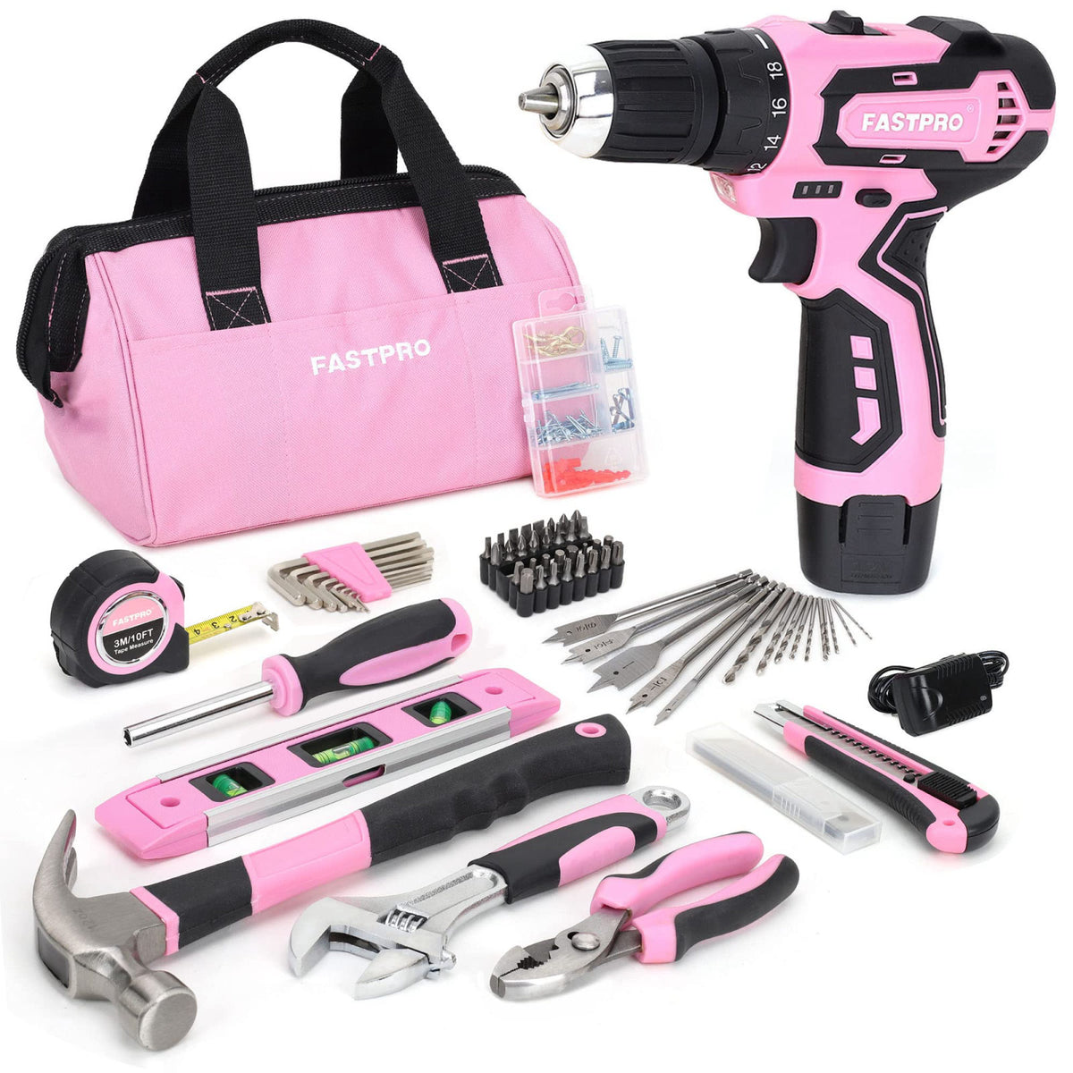 FASTPRO 12V Pink Drill Set for Women, Home Tool Set with Bag – product photo (Drill Drivers)