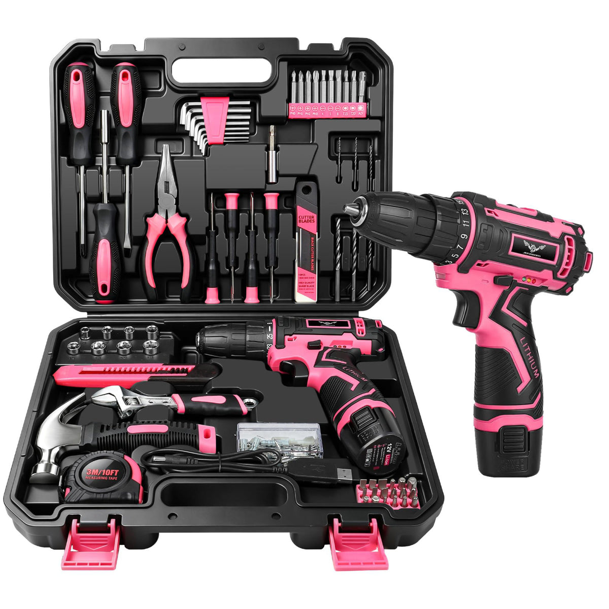 JENABOM 12V Cordless Drill Set, Home Tool Set with Pink Drill