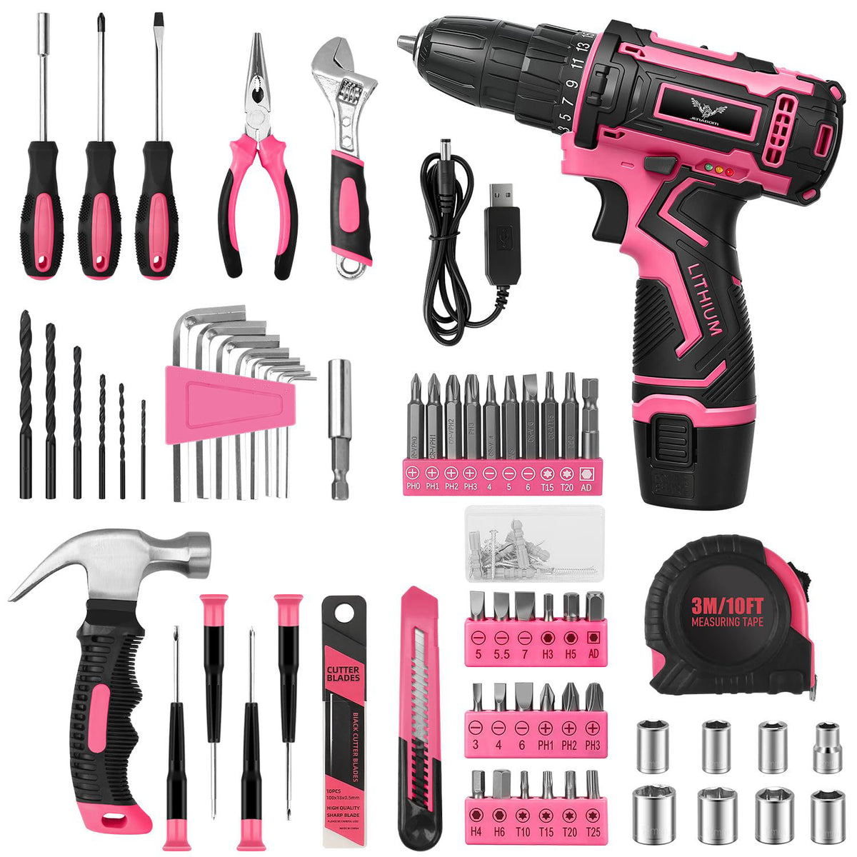 JENABOM 12V Cordless Drill Set, Home Tool Set with Pink Drill – close-up detail