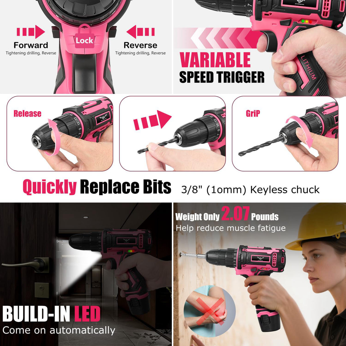 JENABOM 12V Cordless Drill Set, Home Tool Set with Pink Drill – full view