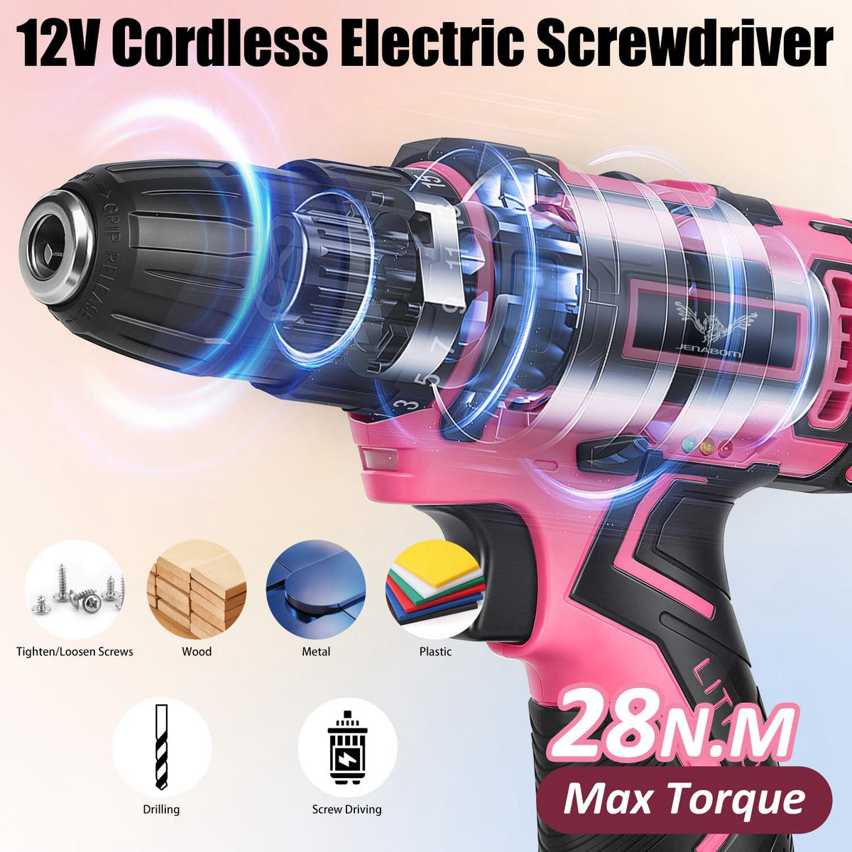 JENABOM 12V Cordless Drill Set, Home Tool Set with Pink Drill – back view and specifications