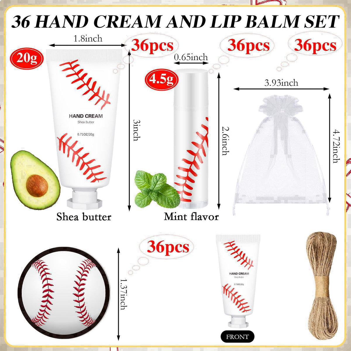 Heigble 144 Pcs Baseball Lip Balm Hand Cream Party Favor Gifts – close-up detail in Red and White