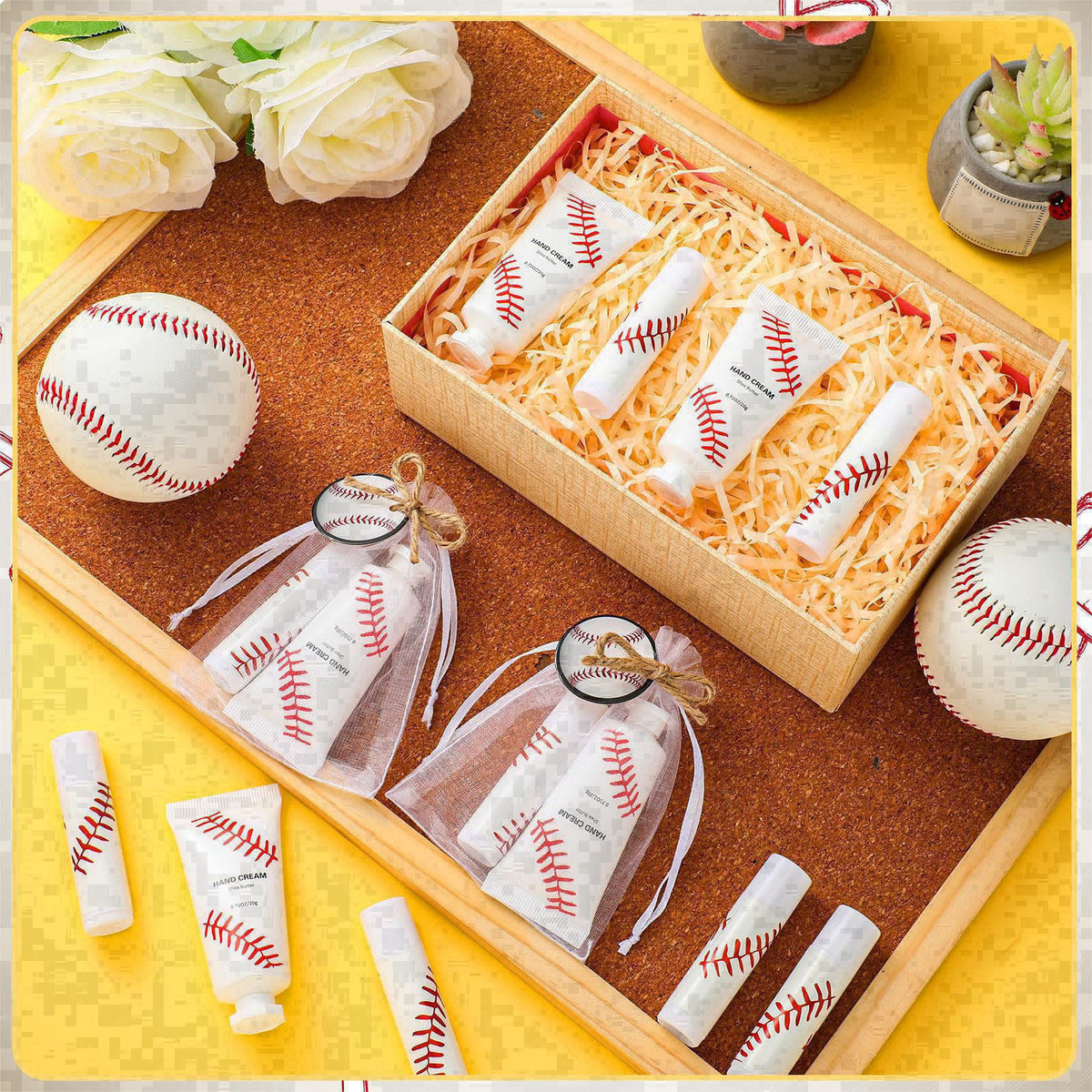 Heigble 144 Pcs Baseball Lip Balm Hand Cream Party Favor Gifts – packaging and label