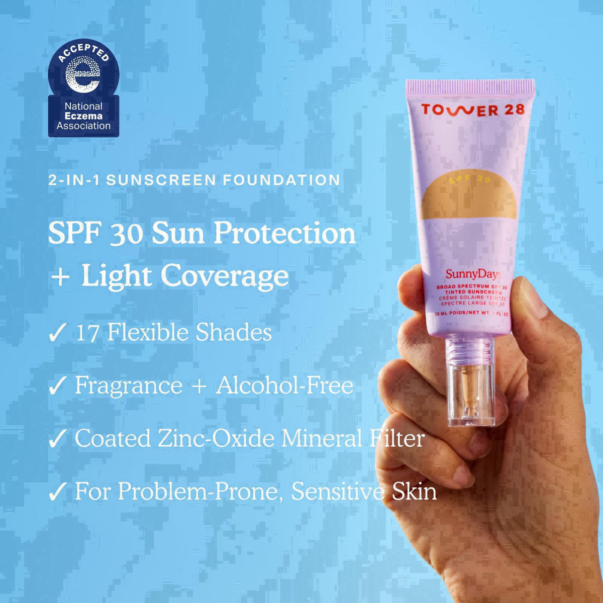 Tower 28 Foundation with SPF 30, SunnyDays Tinted Sunscreen, 05 (1 oz) – close-up detail in 05 FAIRFAX