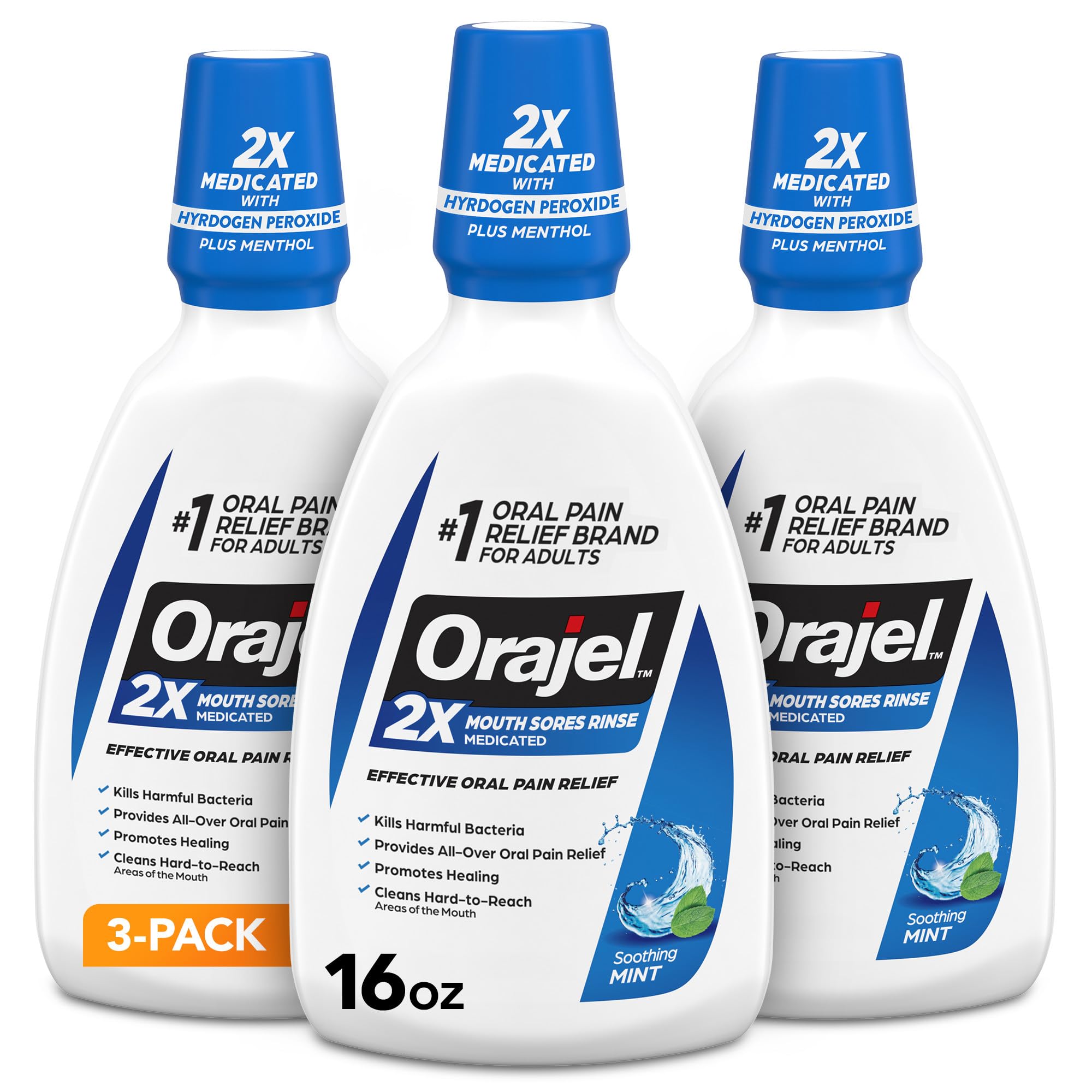 Orajel Mint Mouth Sore Rinse 16oz bottle featuring a clean label and mouthwash cap, designed for pain relief and oral freshness.