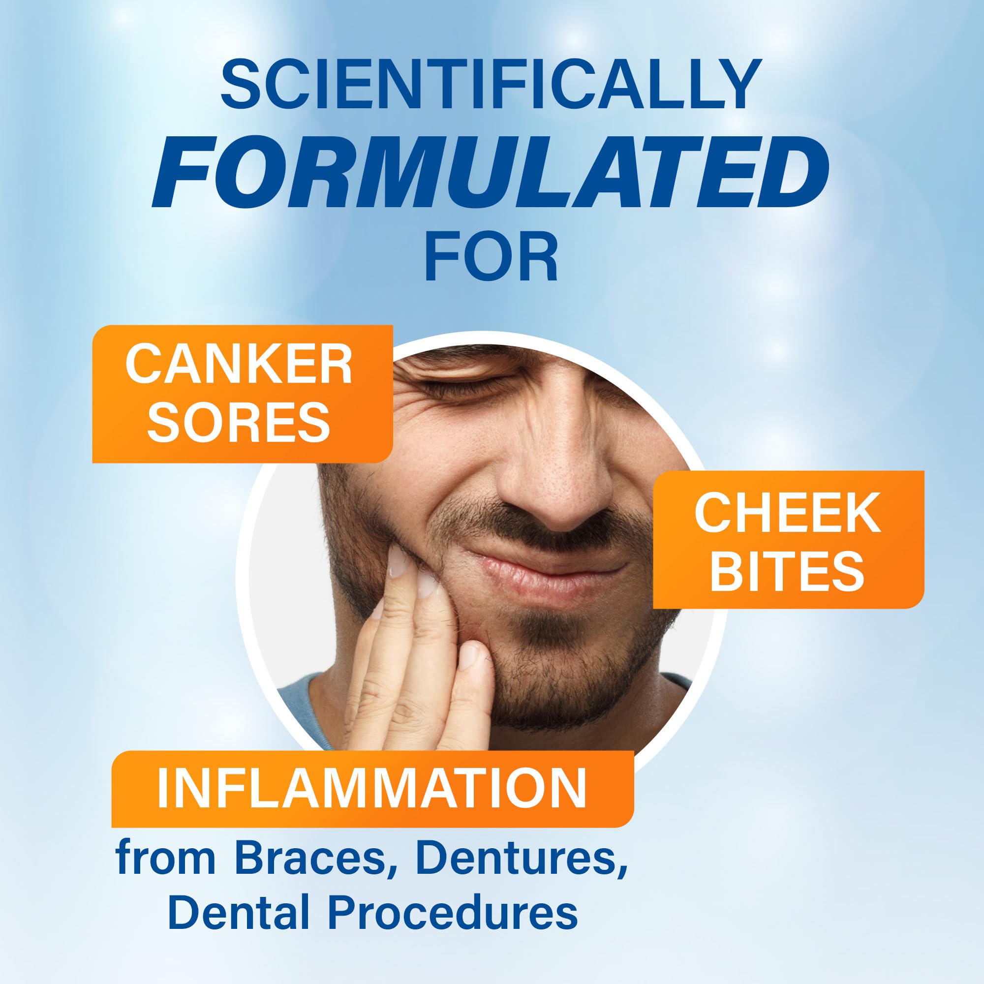Orajel Mint Mouth Sore Rinse 16oz, pain relief mouthwash in a clear bottle with a mint-flavored label and cap.