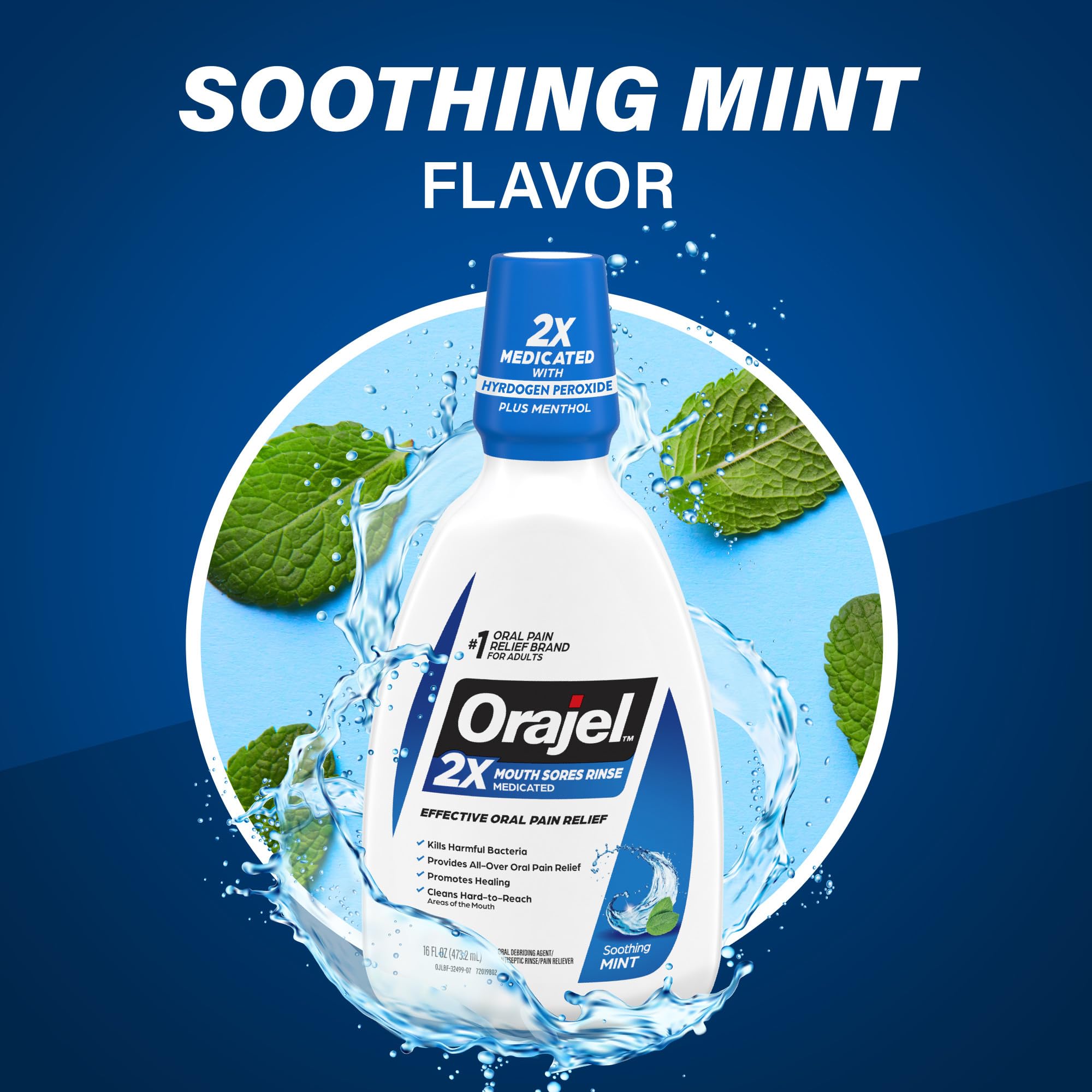 Orajel Mint Mouth Sore Rinse 16oz bottle, pain relief mouthwash for soothing mouth sores and freshening breath.