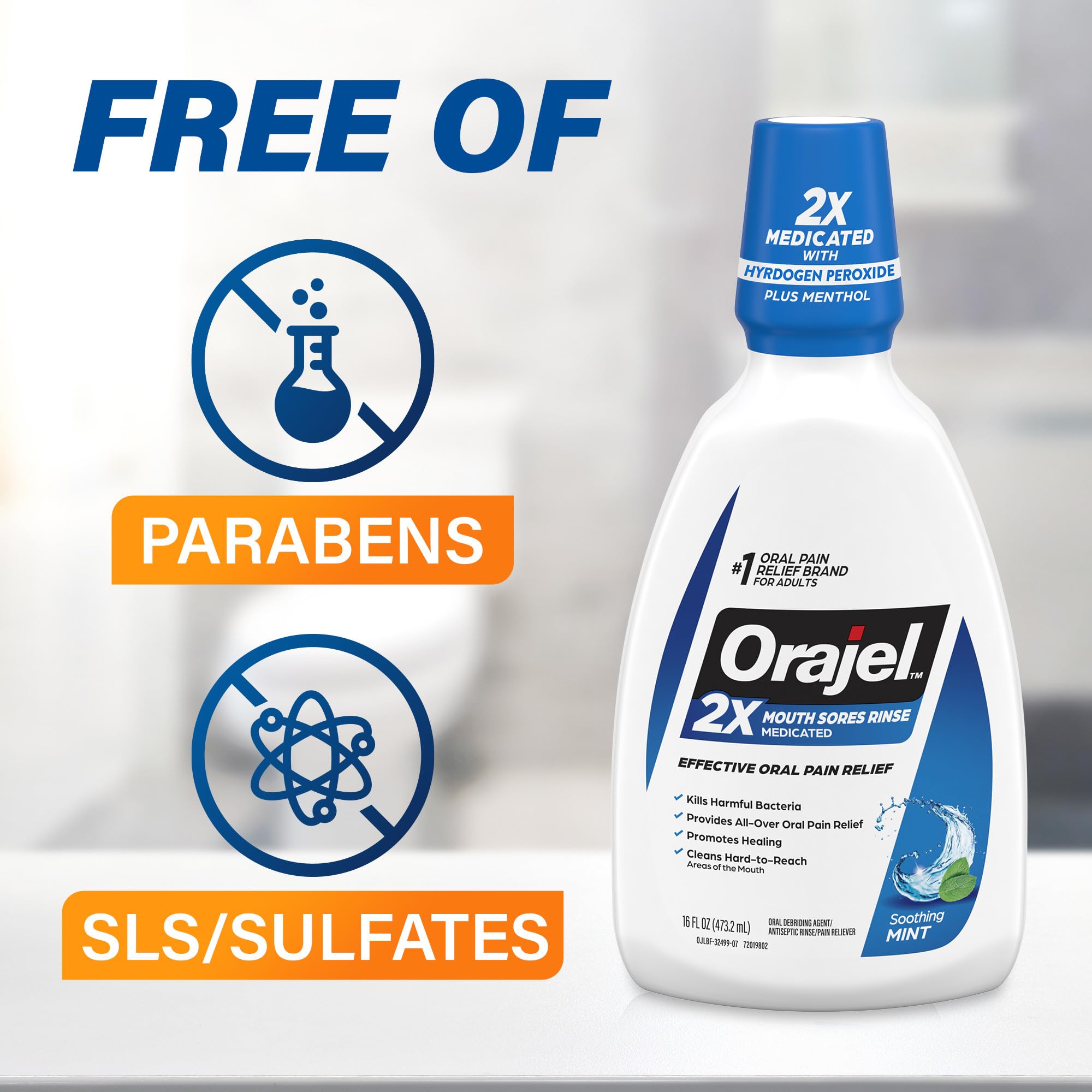 Orajel Mint Mouth Sore Rinse 16oz bottle, pain relief mouthwash with soothing mint flavor, designed for oral sore relief.
