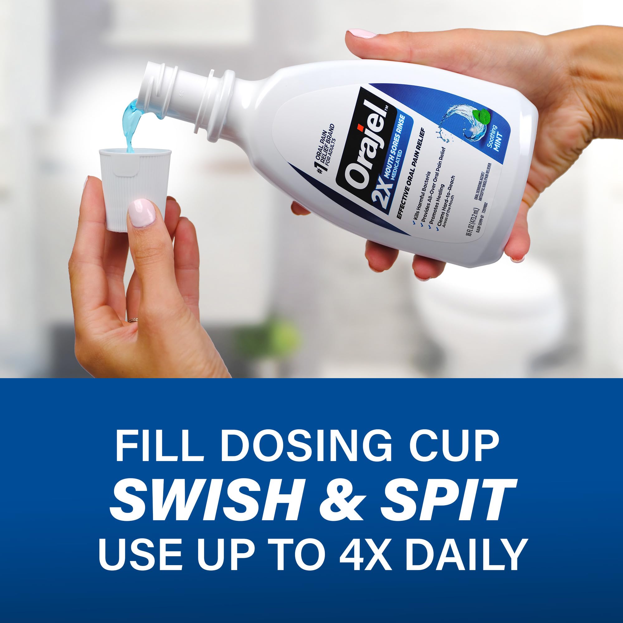 Orajel Mint Mouth Sore Rinse 16oz bottle, pain relief mouthwash with fresh mint flavor, designed for oral sore relief.