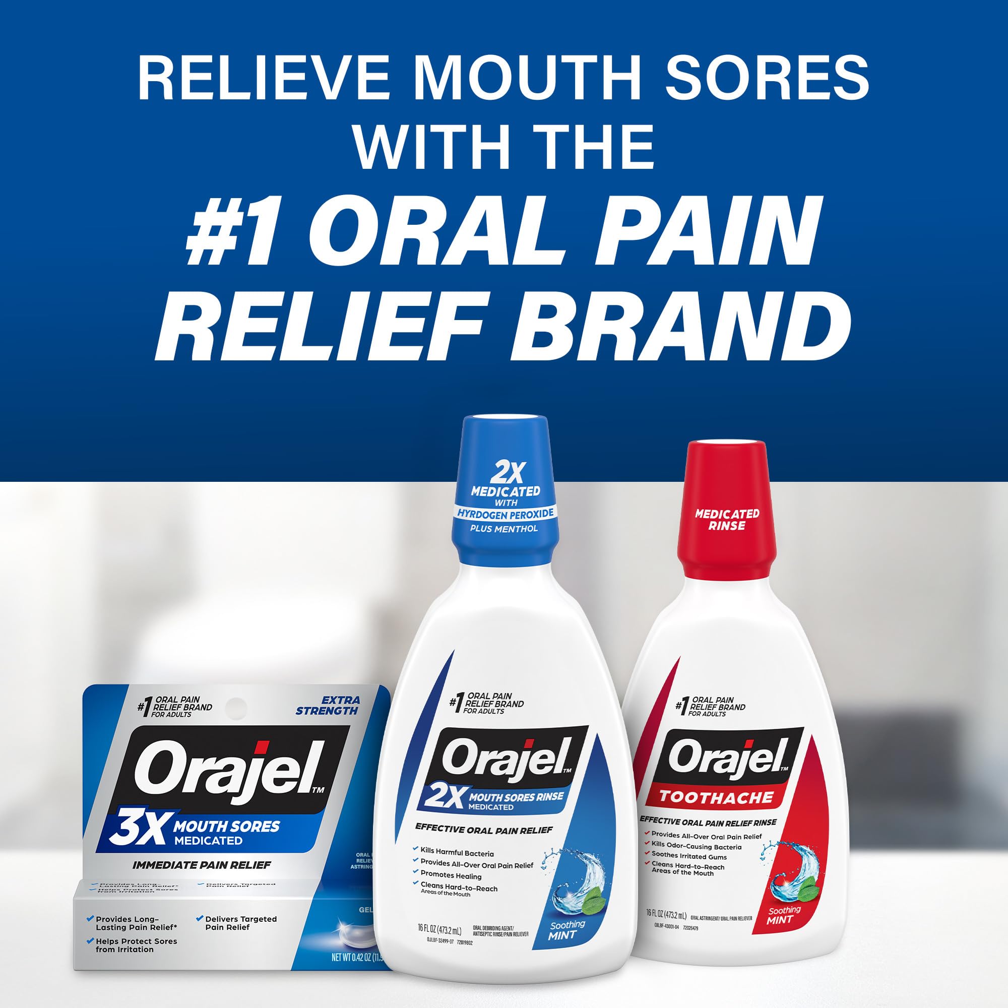 Orajel Mint Mouth Sore Rinse 16oz bottle, pain relief mouthwash for oral discomfort, with fresh mint flavor.