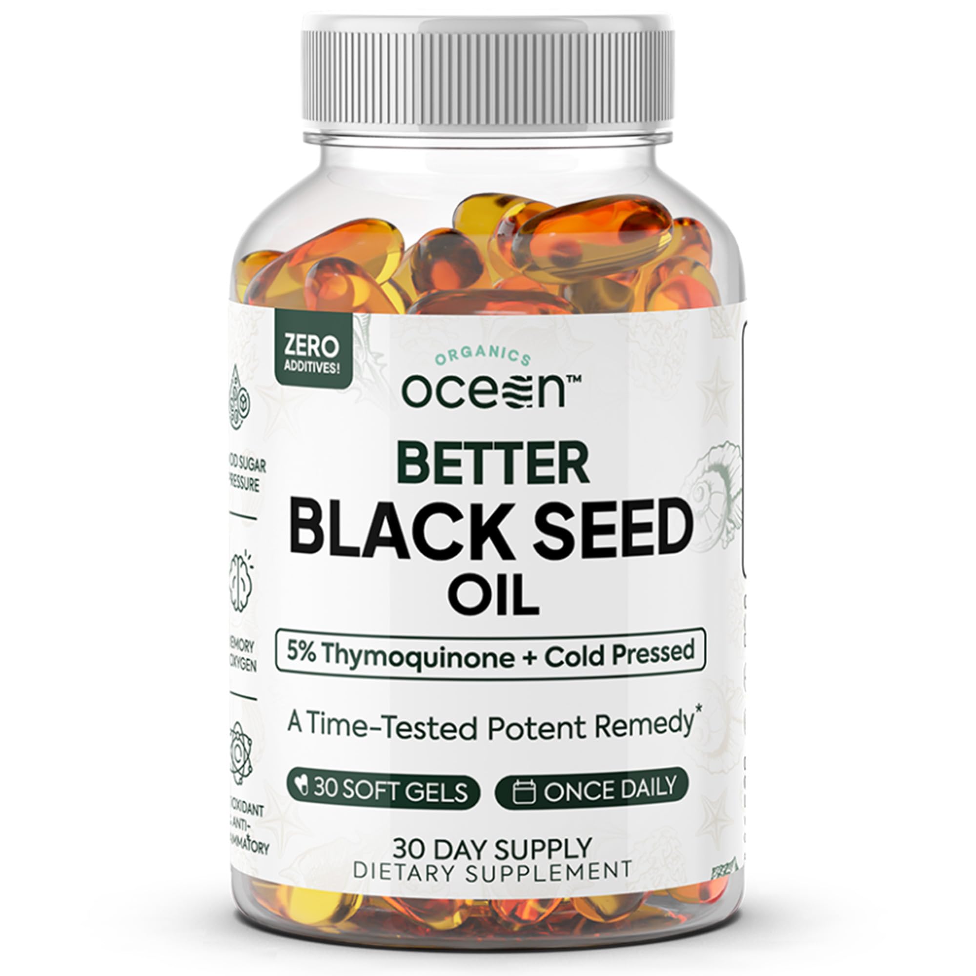 Organics Ocean Black Seed Oil 5% Thymoquinone capsules, a nutritional supplement with black seed oil in softgel form.