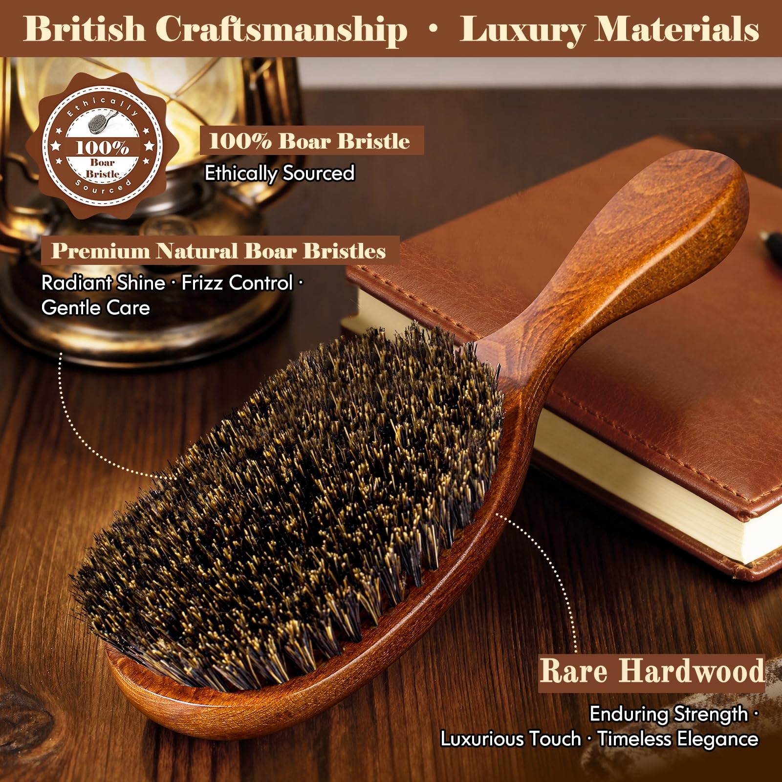 OUMIGIZ 100% boar bristle hair brush showcasing natural bristles and classic wooden handle, crafted in Britain since 1965.