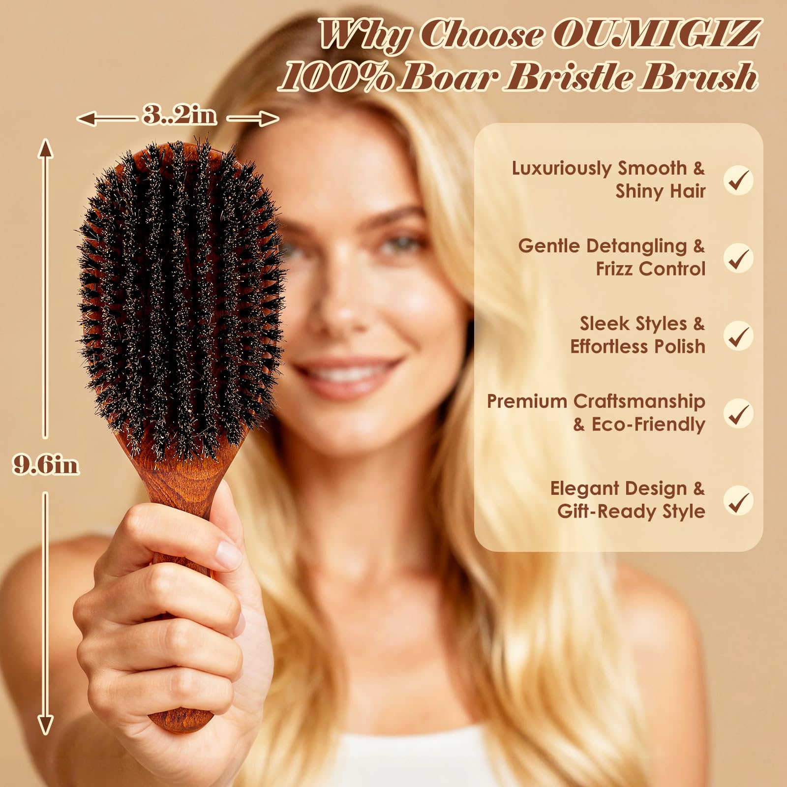 OUMIGIZ 100% boar bristle hair brush showcasing natural bristles and classic wooden handle, reflecting British craftsmanship since 1965.