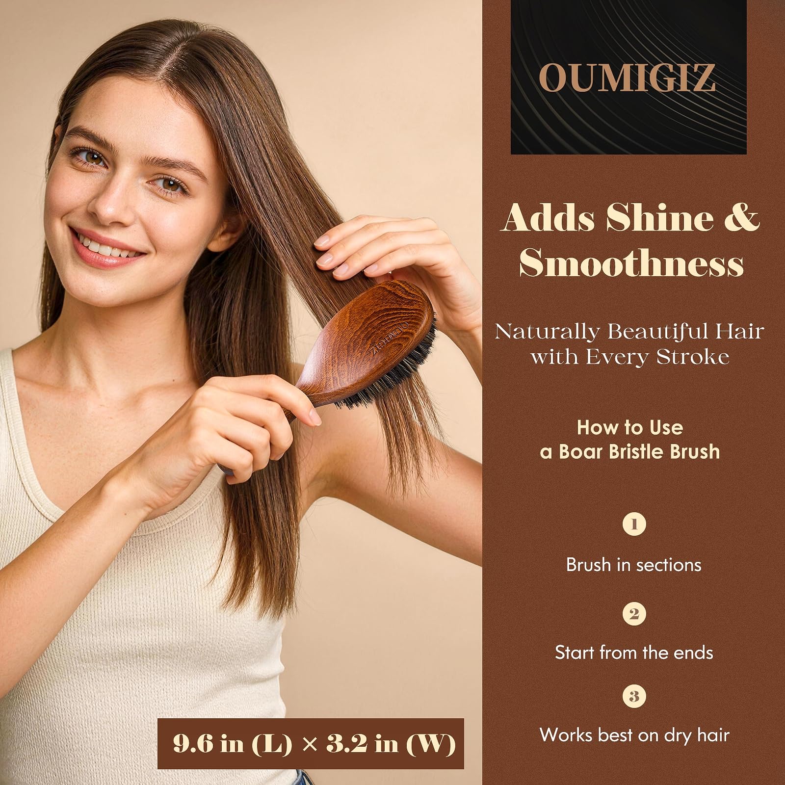 OUMIGIZ 100% boar bristle hair brush by British brand Oumigiz, showcasing natural bristles and a classic wooden handle.