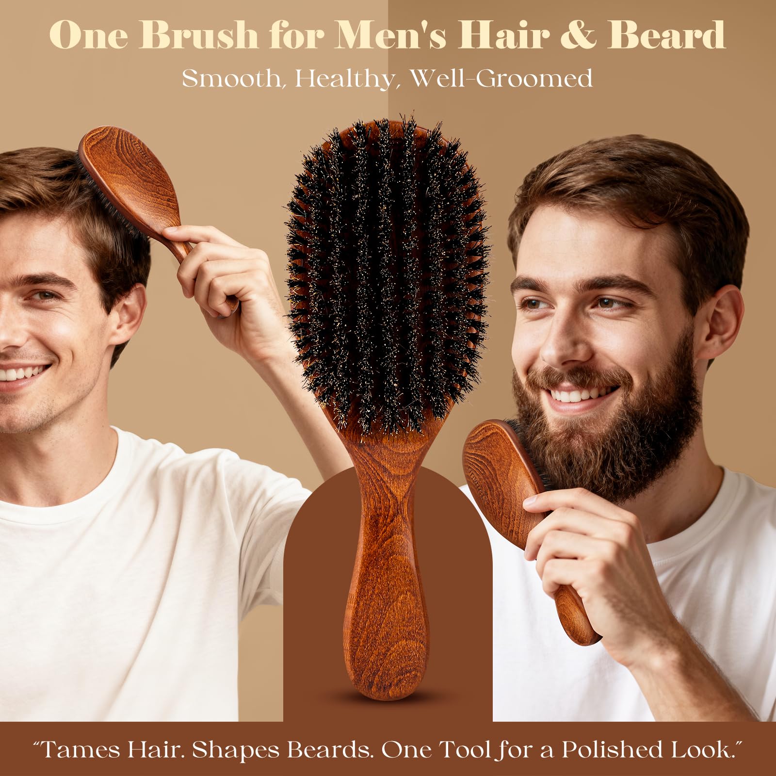 OUMIGIZ 100% boar bristle hair brush showcases natural bristles and classic wooden handle, highlighting British craftsmanship.