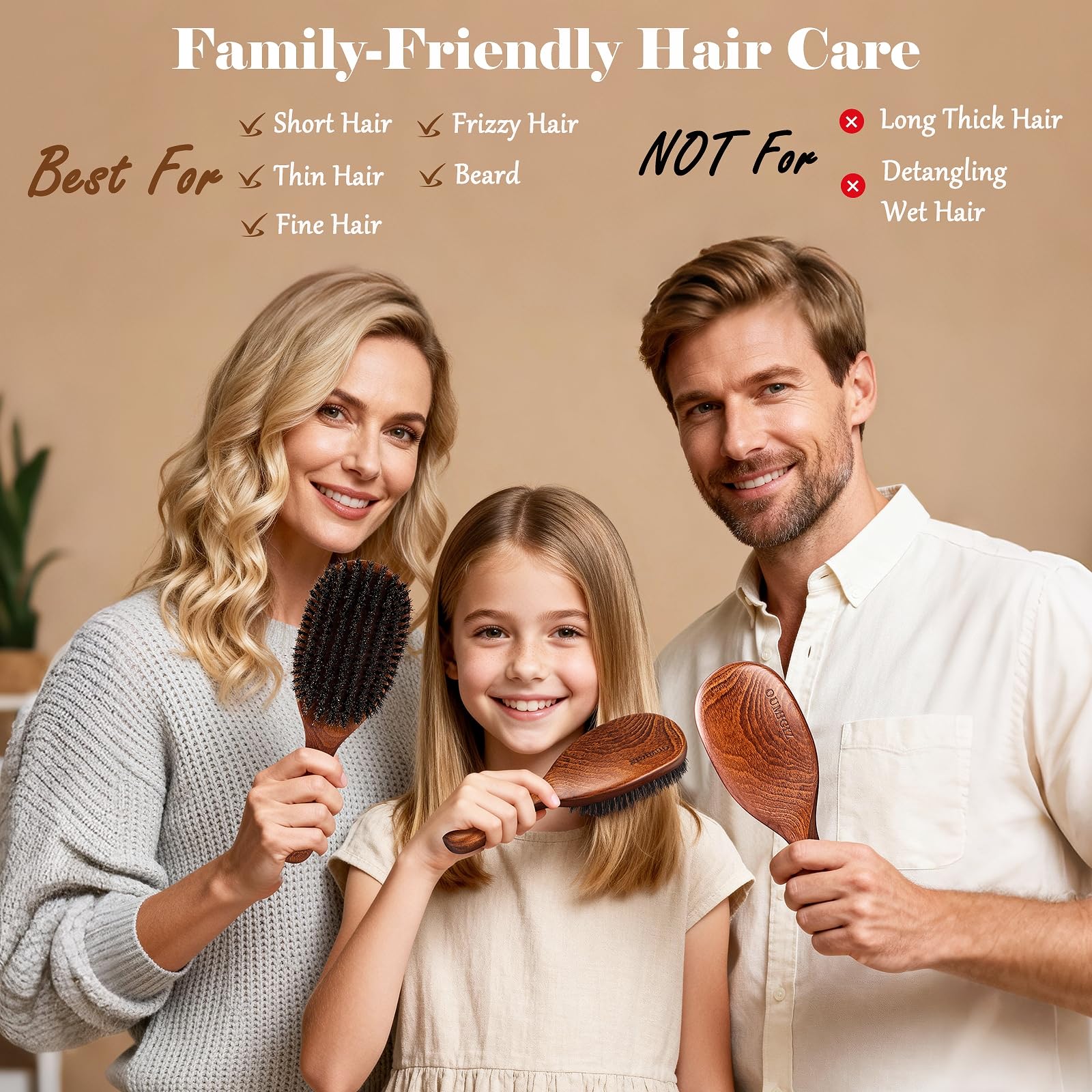 OUMIGIZ 100% boar bristle hair brush with wooden handle, showcasing natural bristles for gentle hair styling and scalp massage.