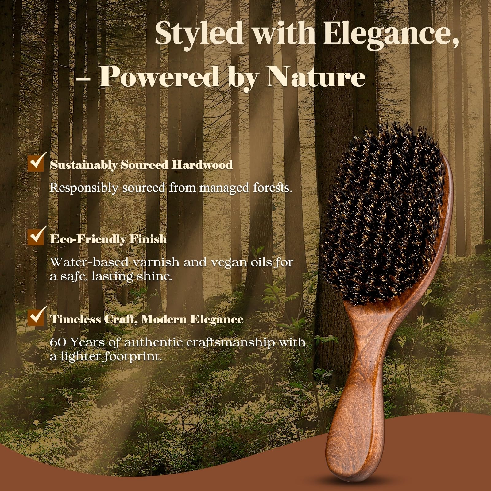 Oumigiz 100% boar bristle hair brush showcasing natural bristles and classic wooden handle, highlighting British craftsmanship.