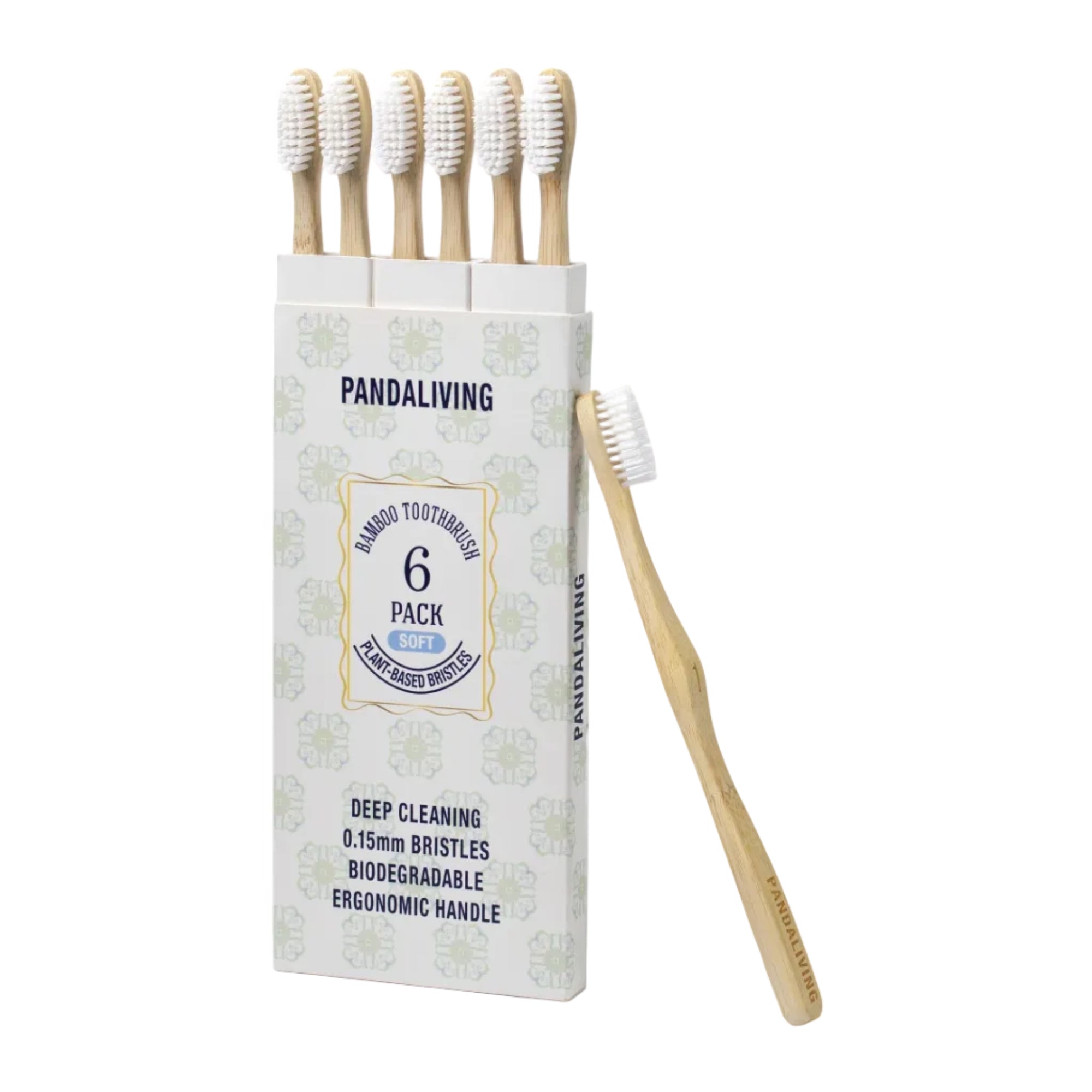 Set of six PANDALIVING bamboo toothbrushes, eco-friendly natural toothbrushes with biodegradable handles for sustainable oral care.