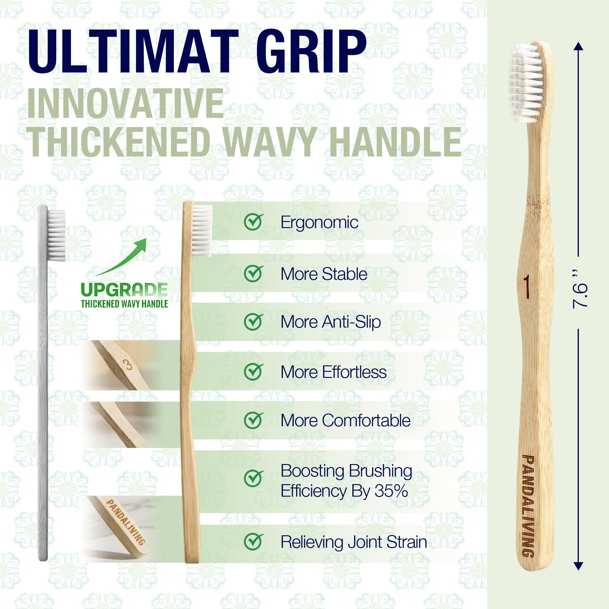 PANDALIVING bamboo toothbrushes 6-pack, eco-friendly natural bamboo handle and soft bristles, environmentally sustainable oral hygiene.