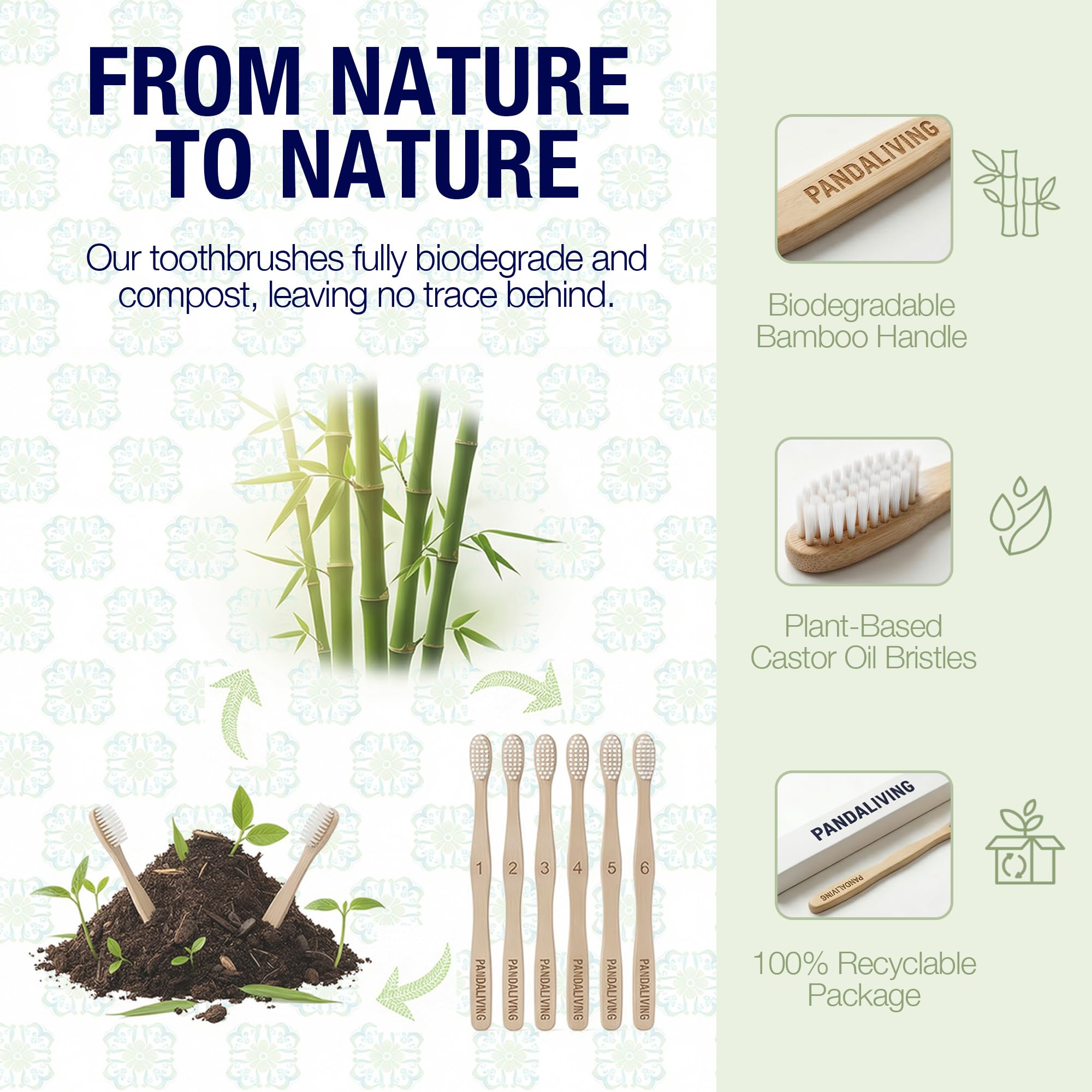 PANDALIVING bamboo toothbrushes 6-pack, eco-friendly natural toothbrushes with biodegradable bamboo handles and soft bristles.