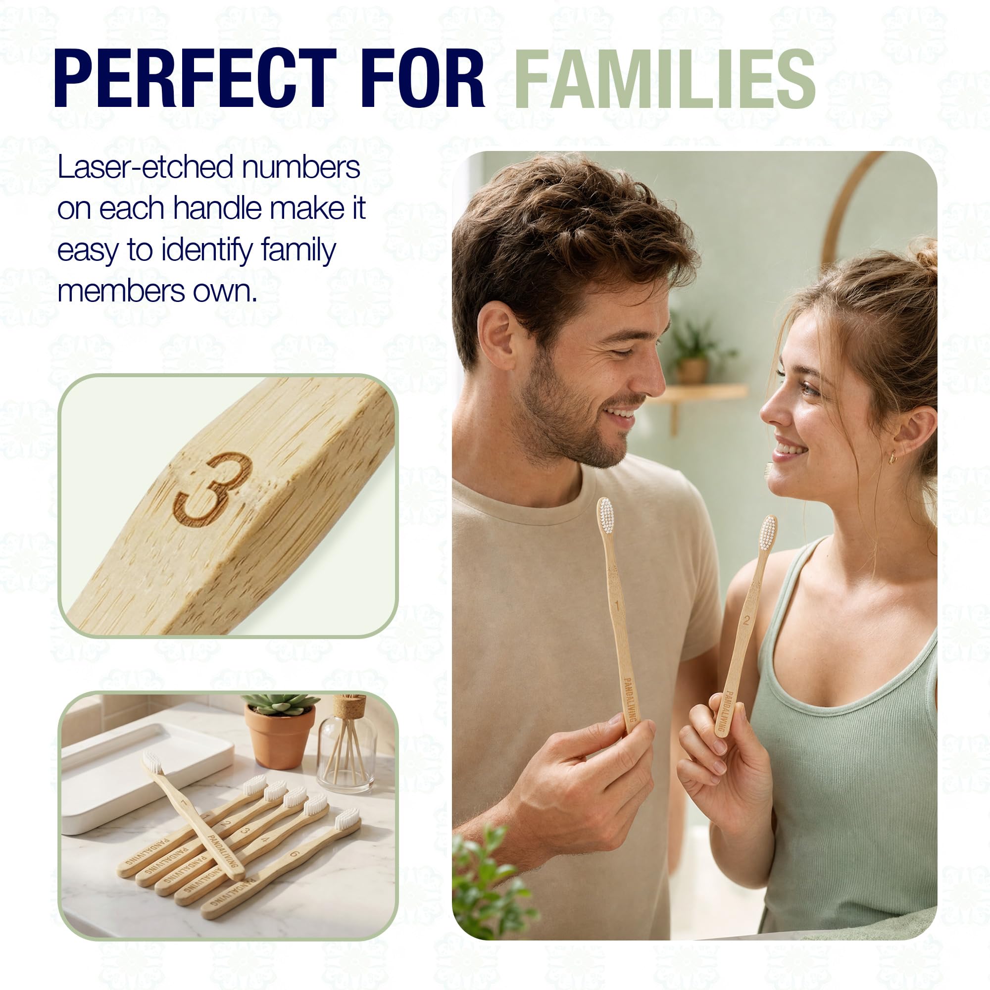 PANDALIVING bamboo toothbrushes 6-pack, eco-friendly natural toothbrushes with biodegradable bamboo handles and soft bristles.