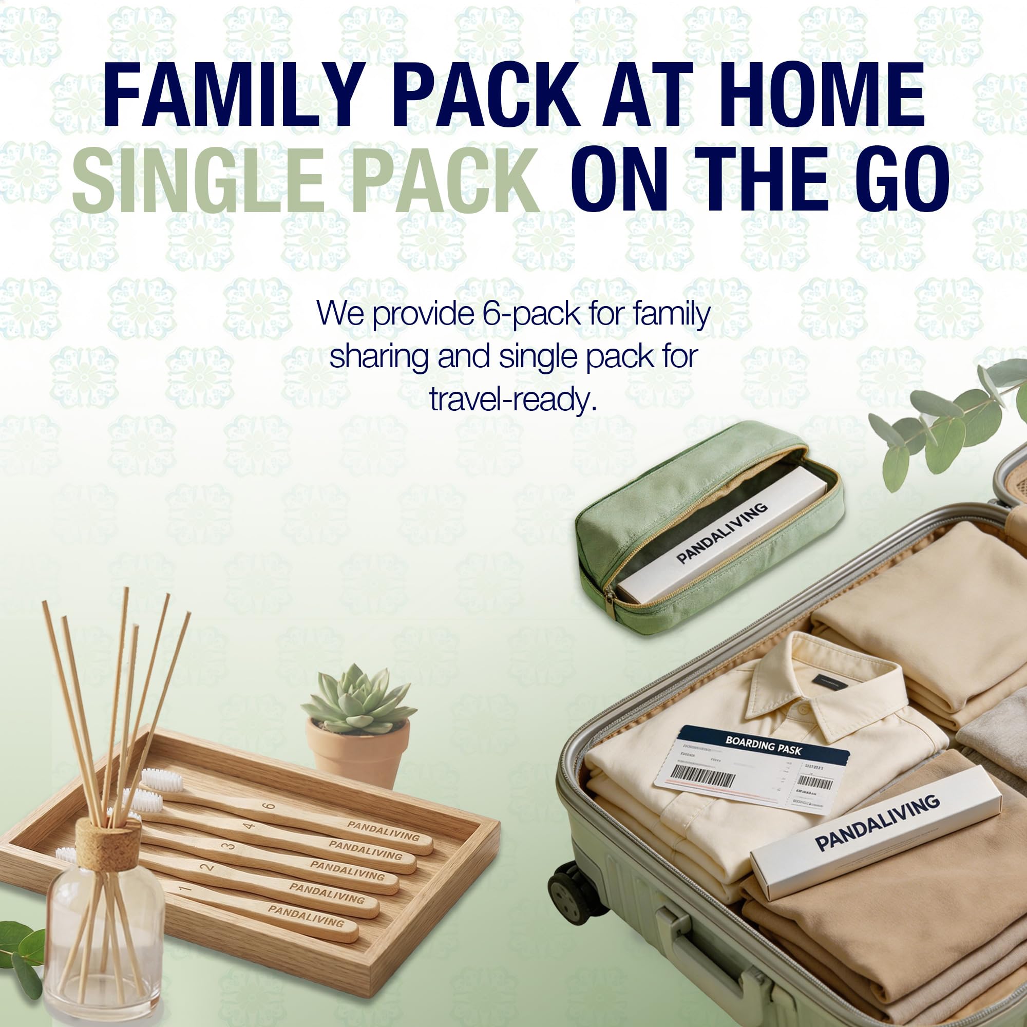 Set of six eco-friendly bamboo toothbrushes by PANDALIVING, featuring natural bamboo handles and soft bristle heads.