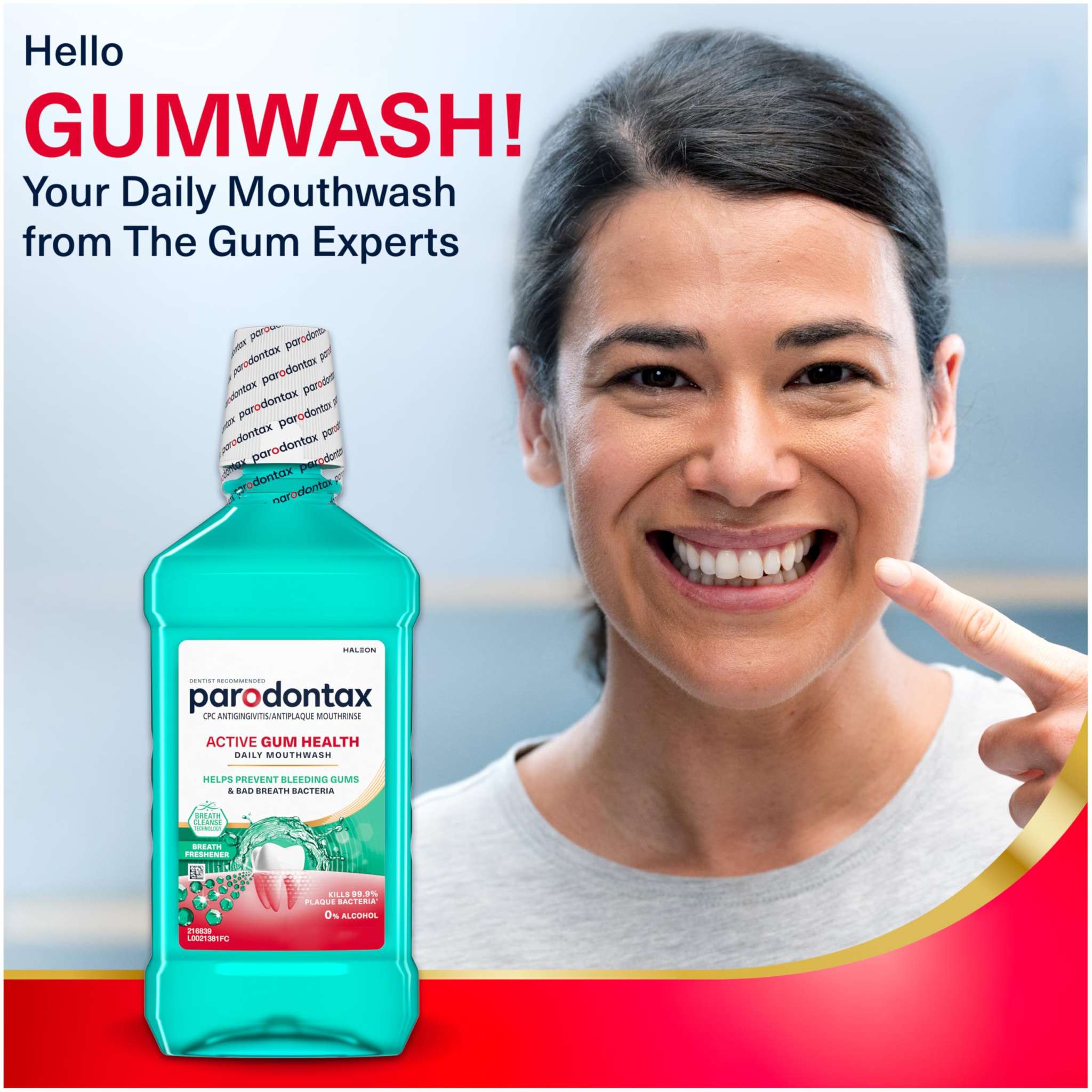 Parodontax Active Gum Health mouthwash in three 16.9oz bottles, shown in a display with the product label visible.