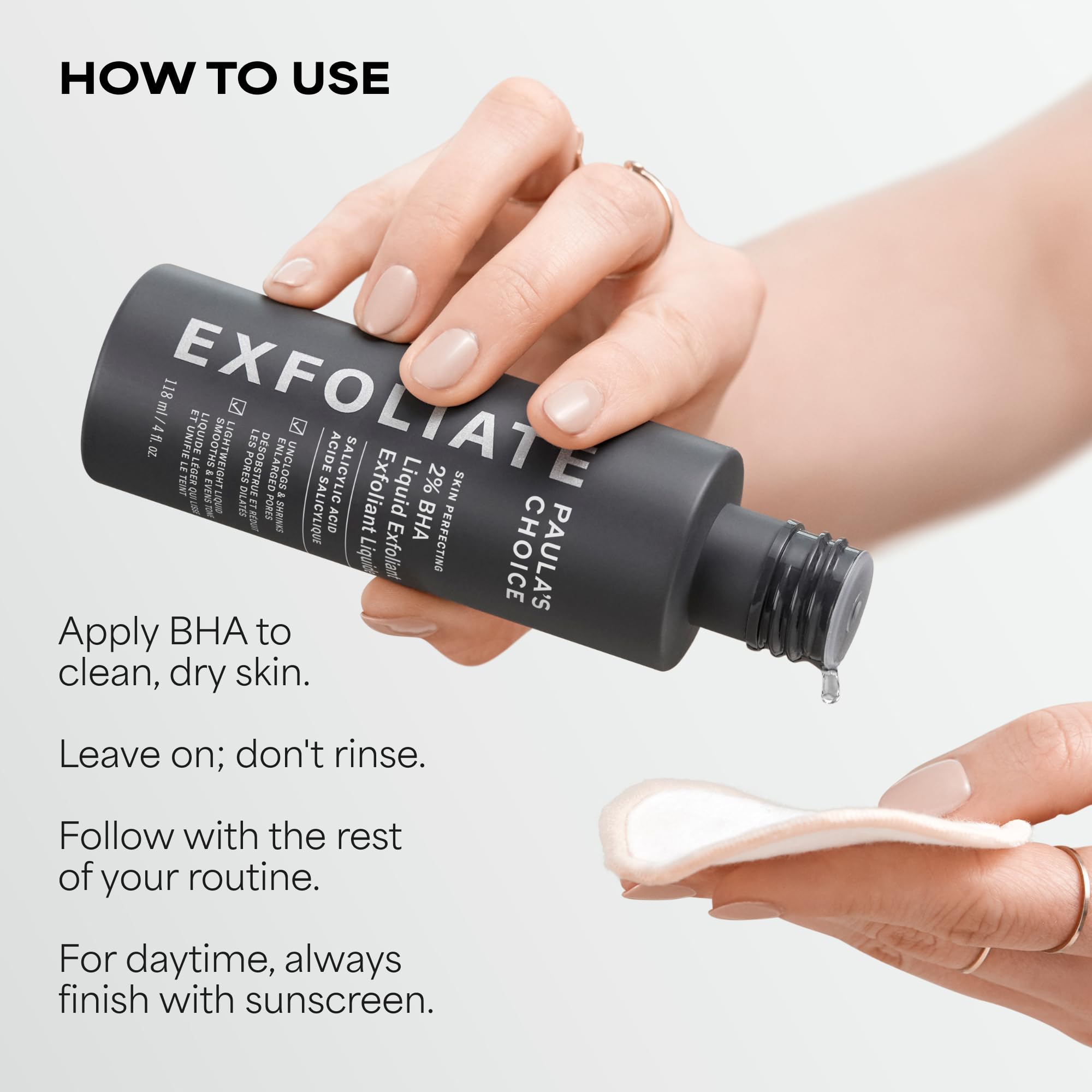Paula’s Choice Skin Perfecting 2% BHA Liquid Exfoliant in 4oz bottle, skincare product for pore cleansing and smoothing skin texture.
