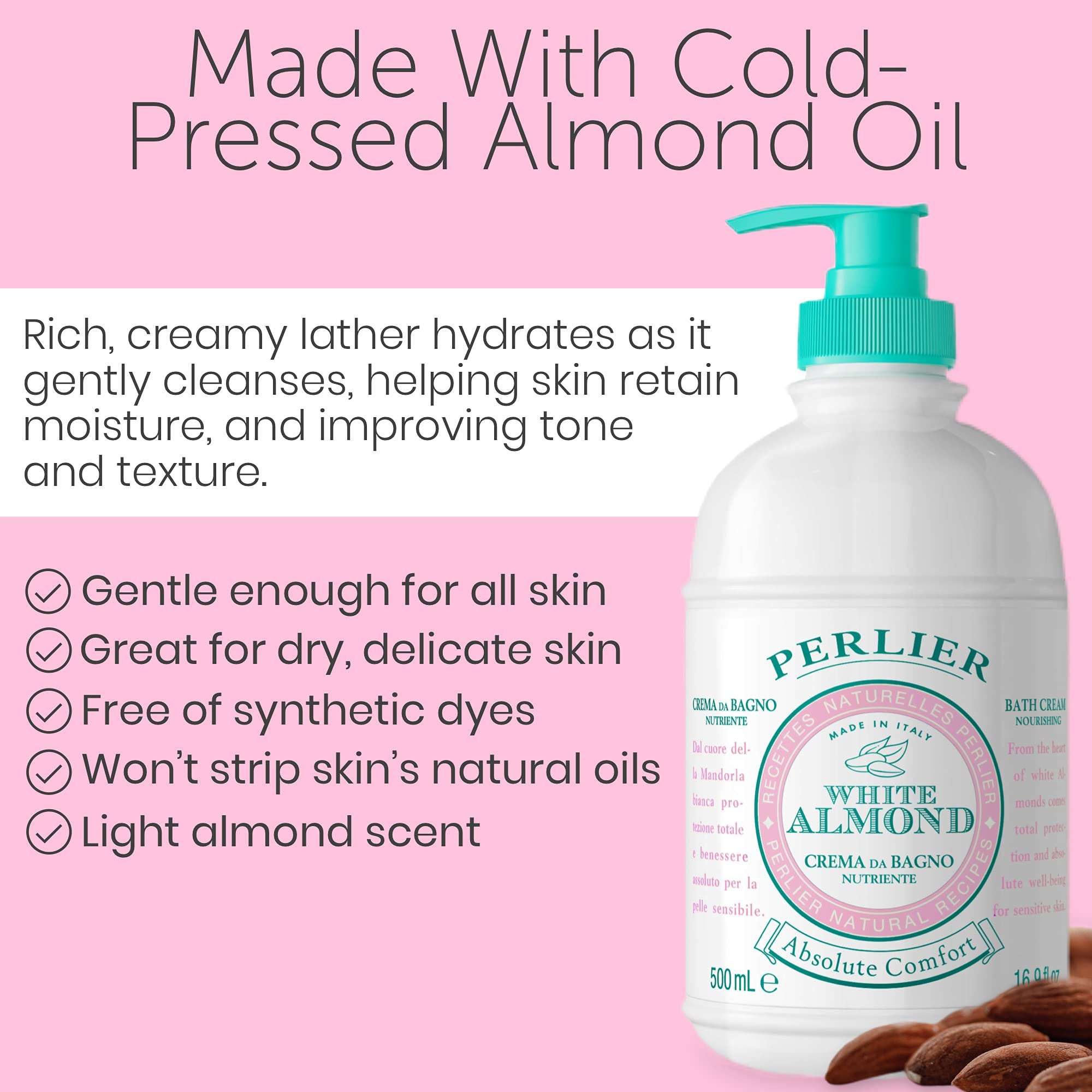 Perlier White Almond Shower Bath Cream with almond oil, moisturizing skin moisturizer in 16.9oz bottle.