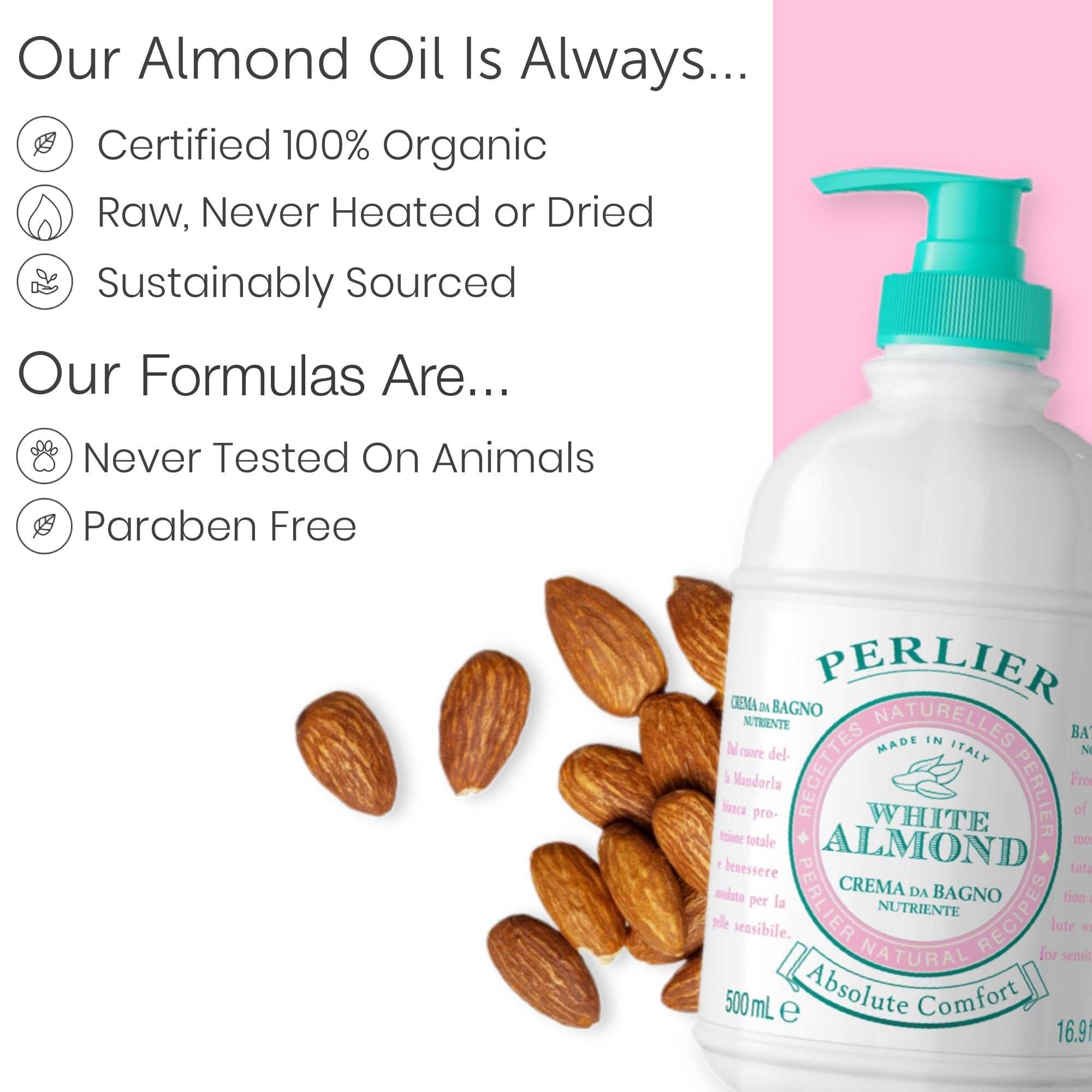 Perlier White Almond Shower Bath Cream with Almond Oil, 16.9oz, in a white bottle with a pump dispenser, skin moisturizer for gentle cleansing.