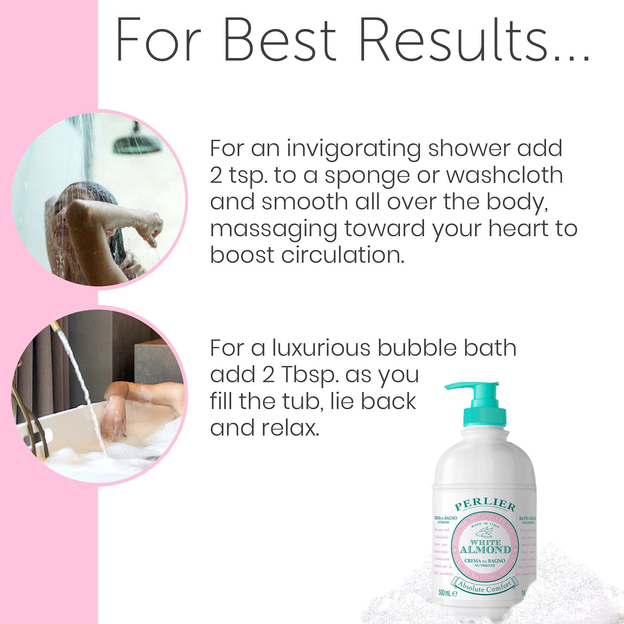 Perlier White Almond Shower Bath Cream with almond oil, 16.9oz, shown in a clear bottle with white almond illustrations.