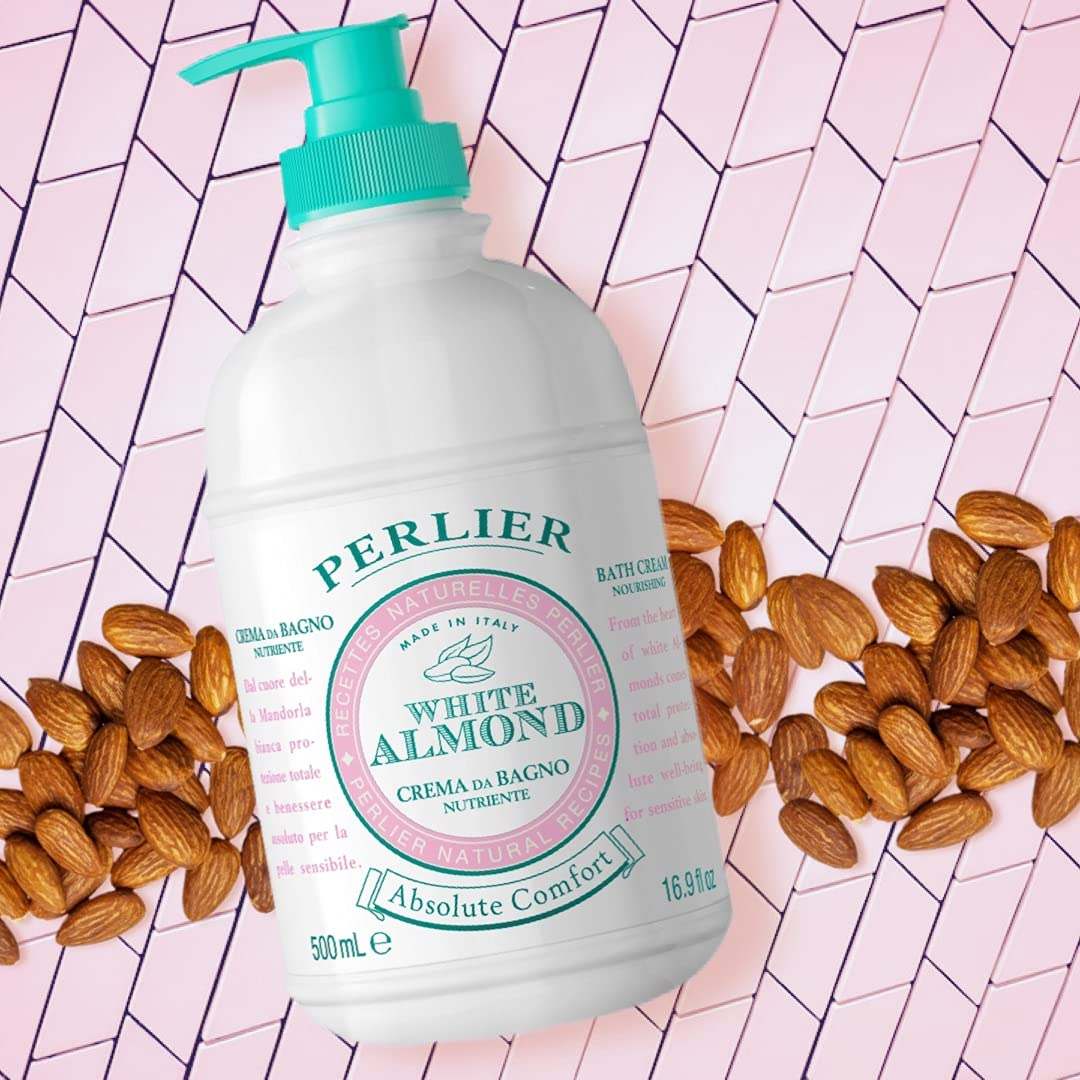 Perlier White Almond Shower Bath Cream with Almond Oil, 16.9oz, in a white bottle with a pump dispenser and almond illustrations.