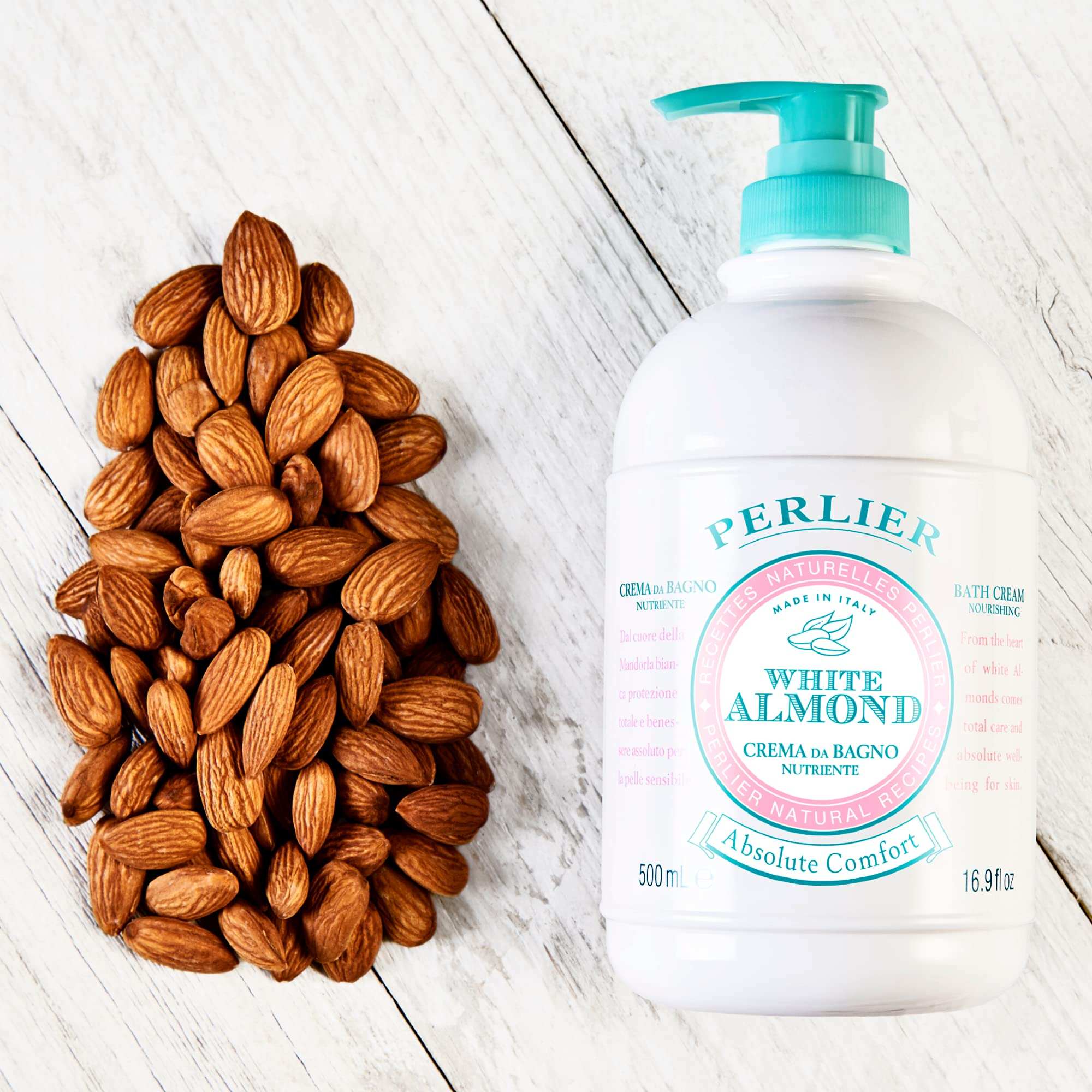 Perlier White Almond Shower Bath Cream with Almond Oil, 16.9oz, featuring a white bottle and pump dispenser for skin moisturizing.