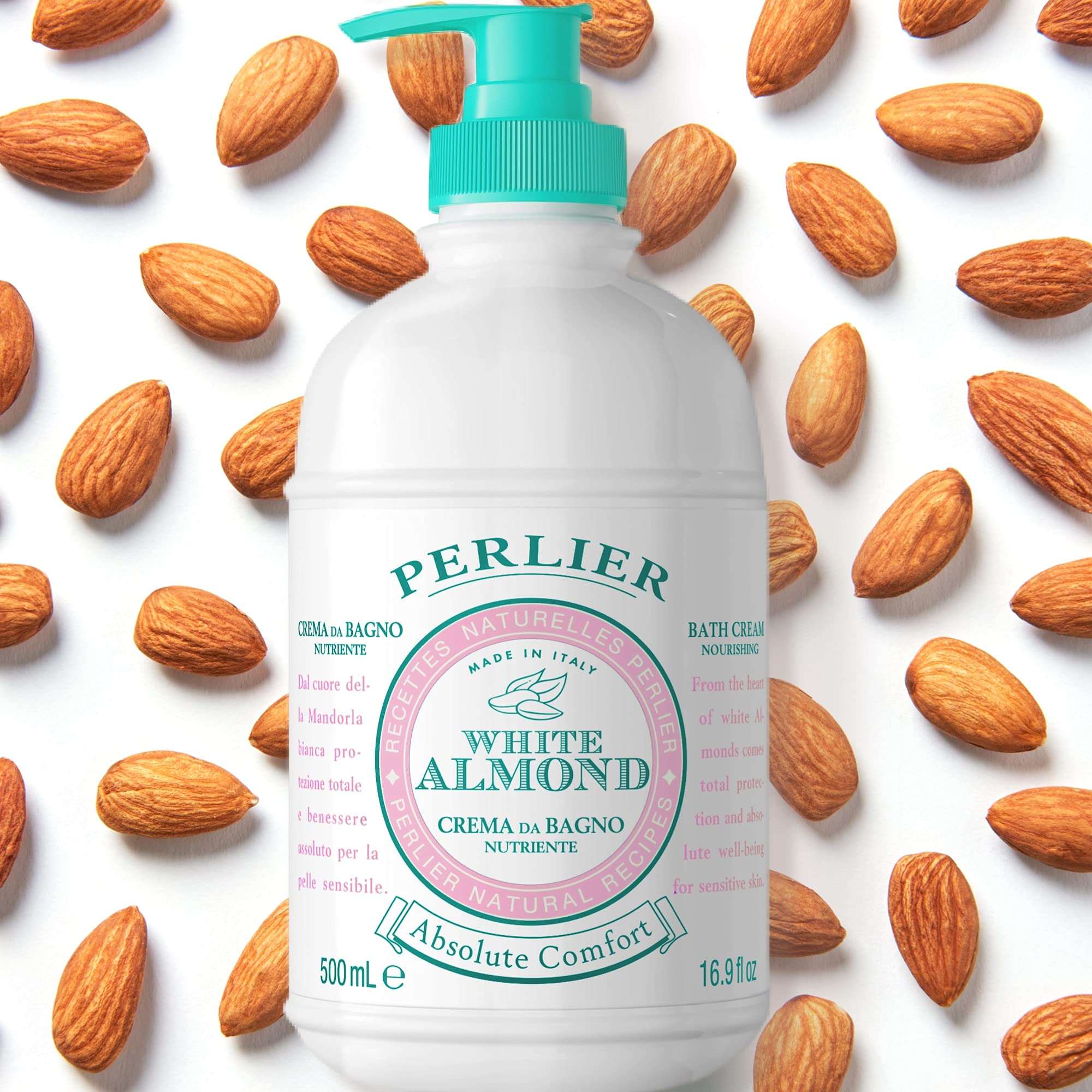 Perlier White Almond Shower Bath Cream with almond oil, creamy texture, and moisturizing ingredients in a 16.9oz bottle.