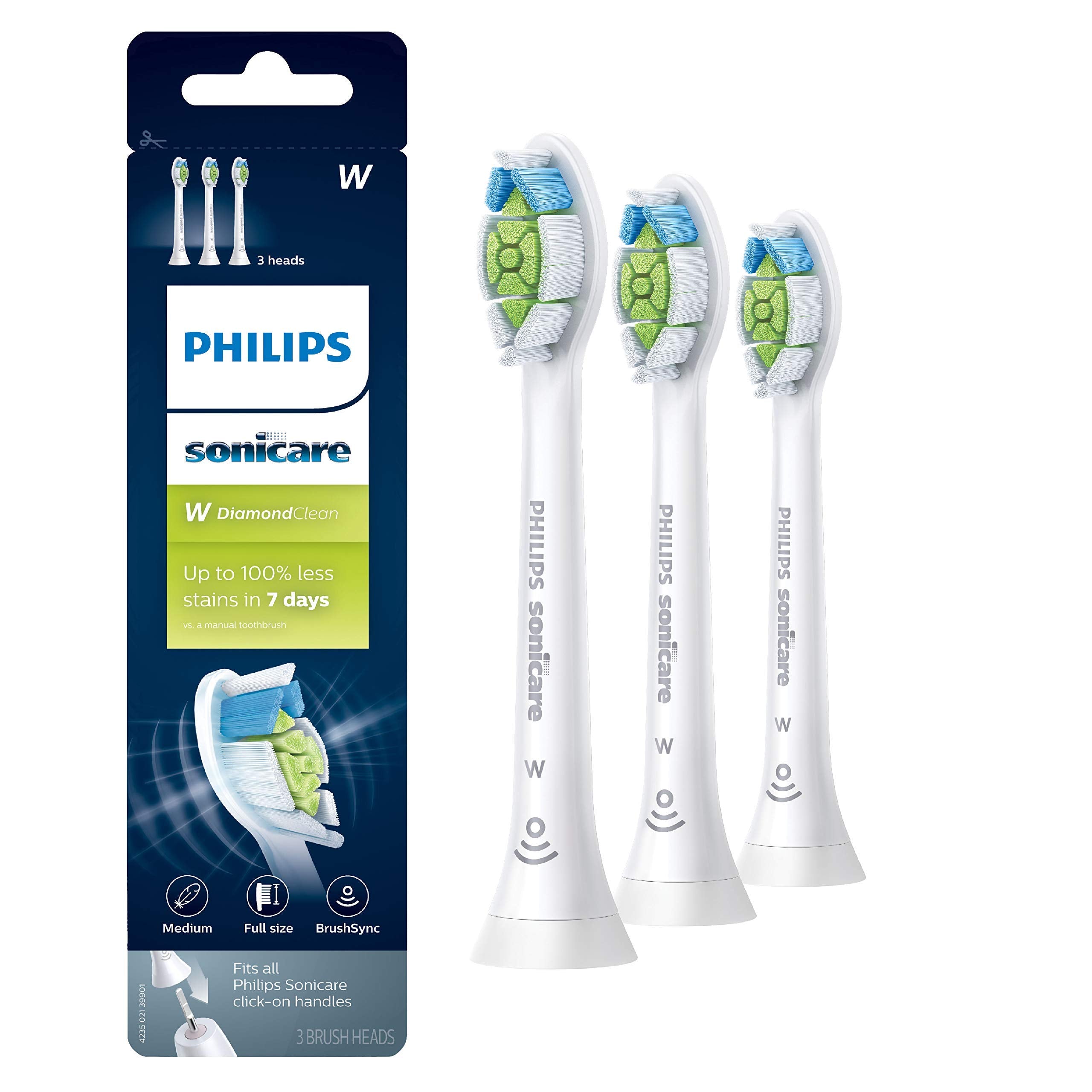 Philips Sonicare W DiamondClean replacement toothbrush heads 3-pack with soft bristles for effective cleaning and gum care.