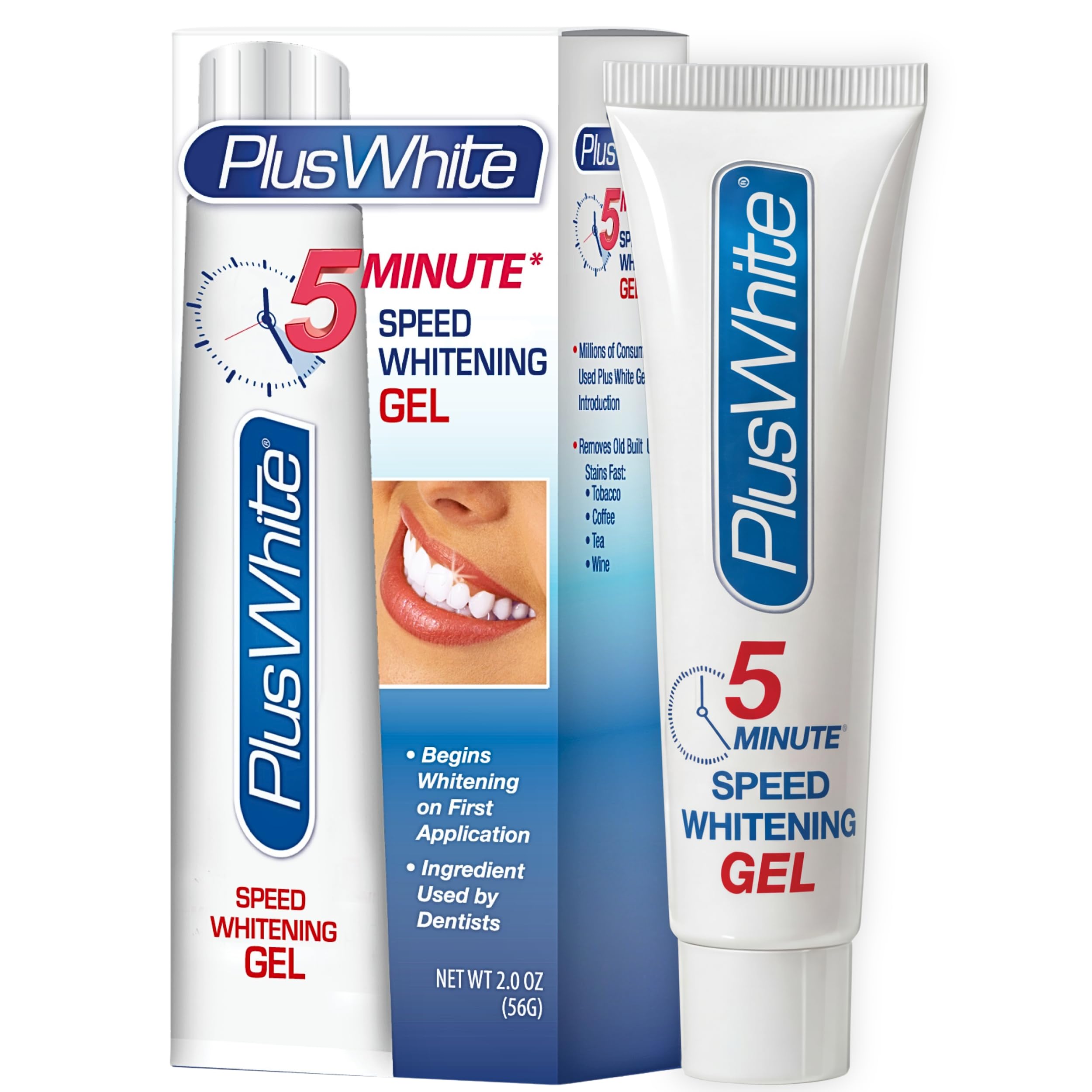 Plus White Speed Whitening Gel for teeth, 2 oz, in a tube, designed for quick 5-minute whitening results.