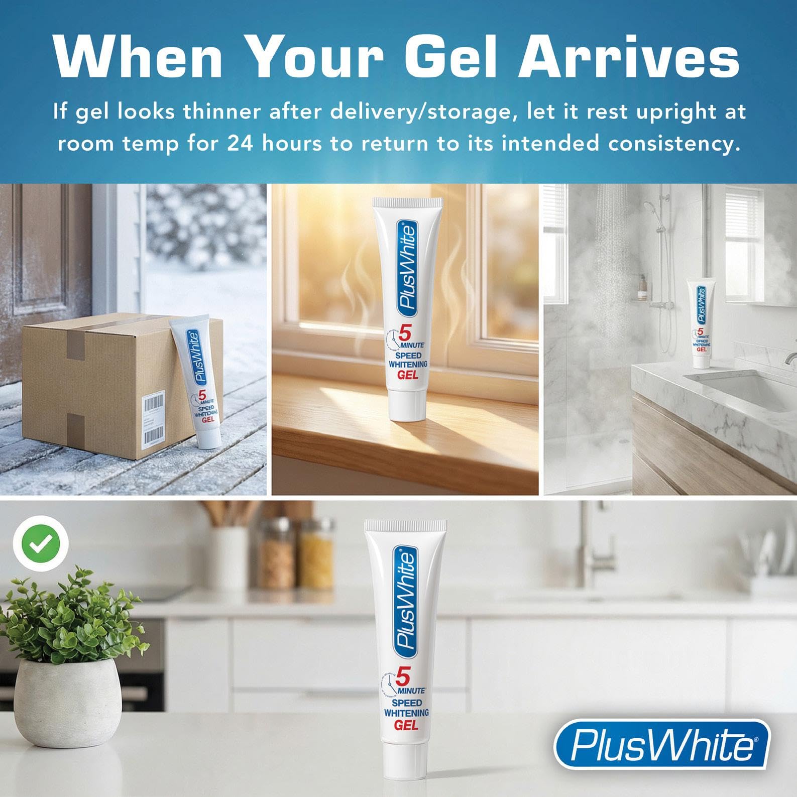 Plus White Speed Whitening Gel for teeth, 2 oz, features a clear tube of tooth whitener designed for quick 5-minute whitening sessions.