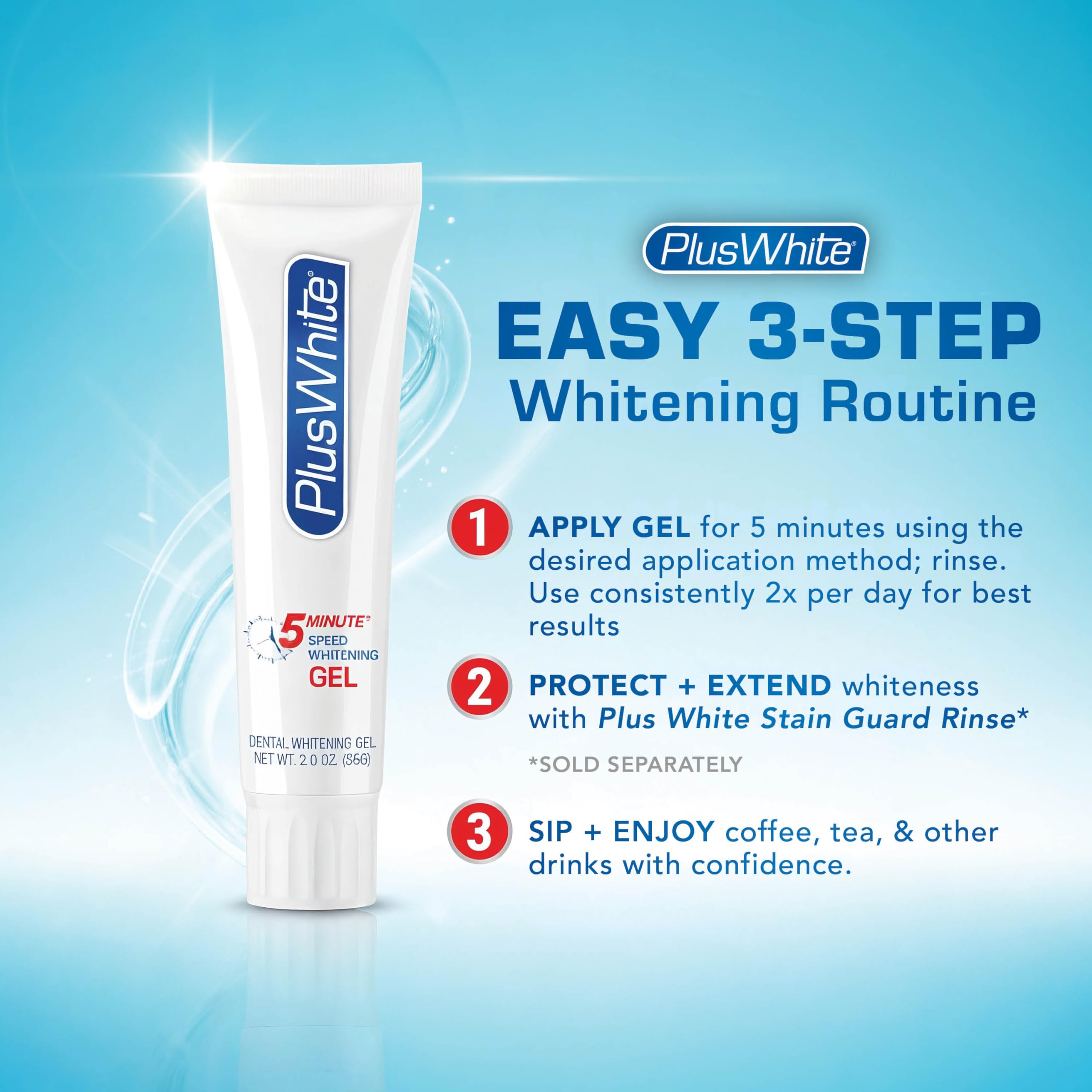 Plus White Speed Whitening Gel for teeth, 2 oz, in a clear tube with white cap, designed for quick 5-minute whitening.