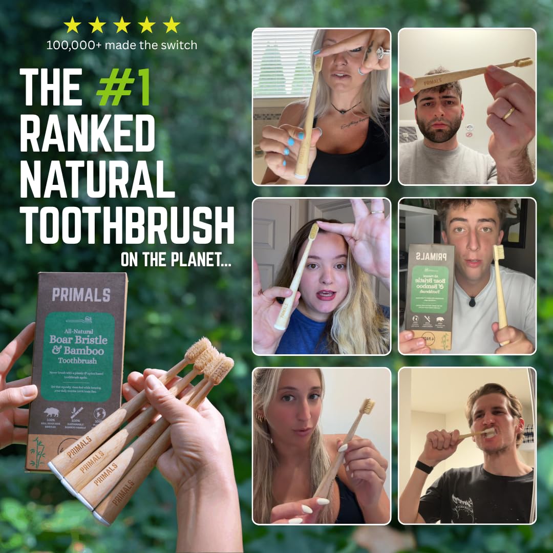 PRIMALS boar bristle bamboo toothbrush 4-pack showing eco-friendly toothbrushes with natural bamboo handles and white bristles.
