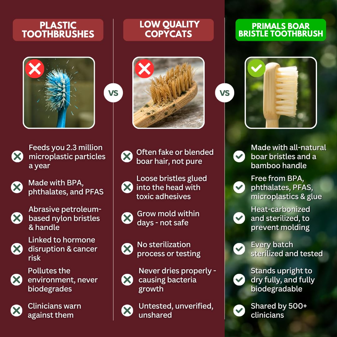 PRIMALS boar bristle bamboo toothbrush 4-pack, eco-friendly toothbrushes with natural bamboo handles and soft bristles.
