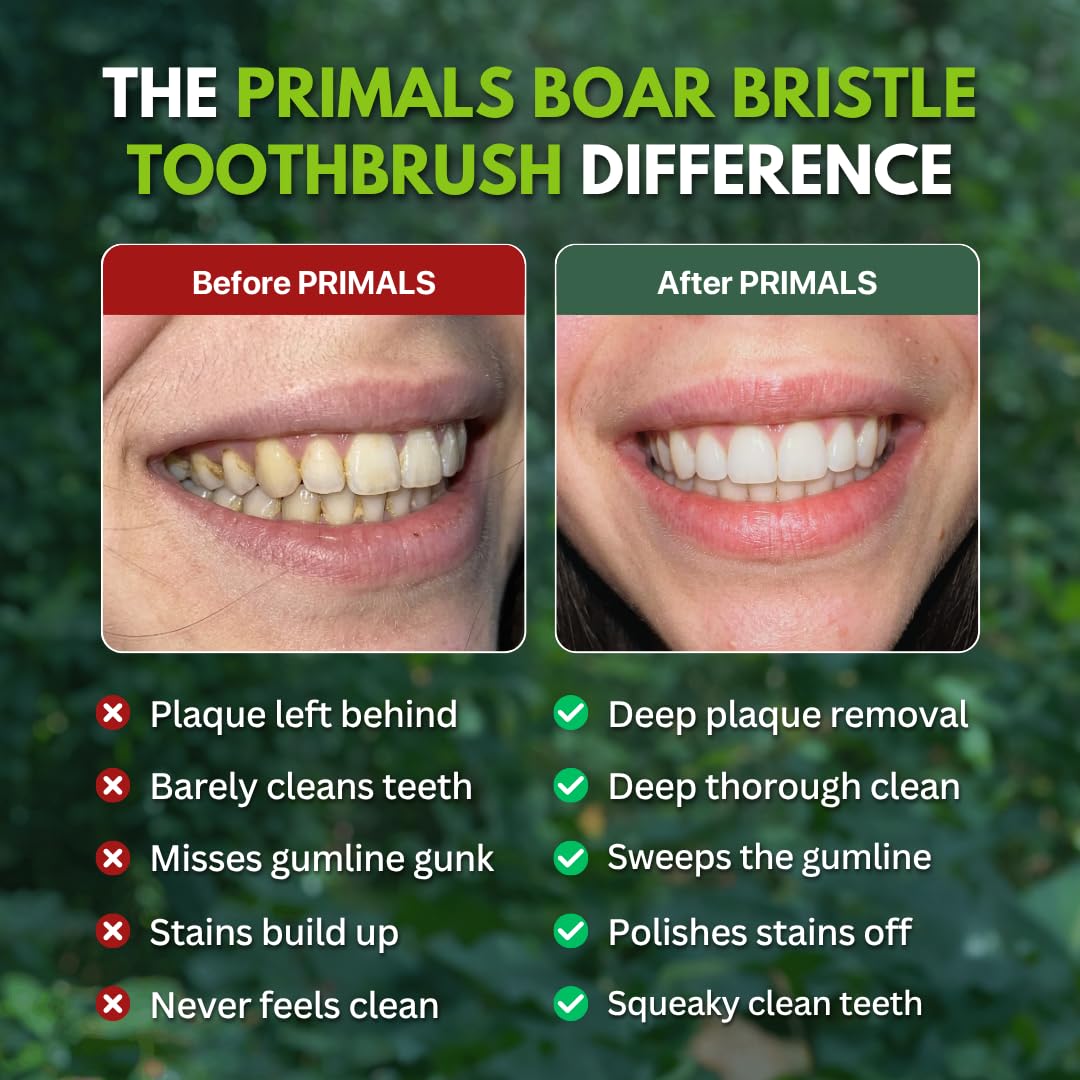 Set of four PRIMALS bamboo toothbrushes with boar bristle heads, eco-friendly toothbrushes for sustainable oral care.