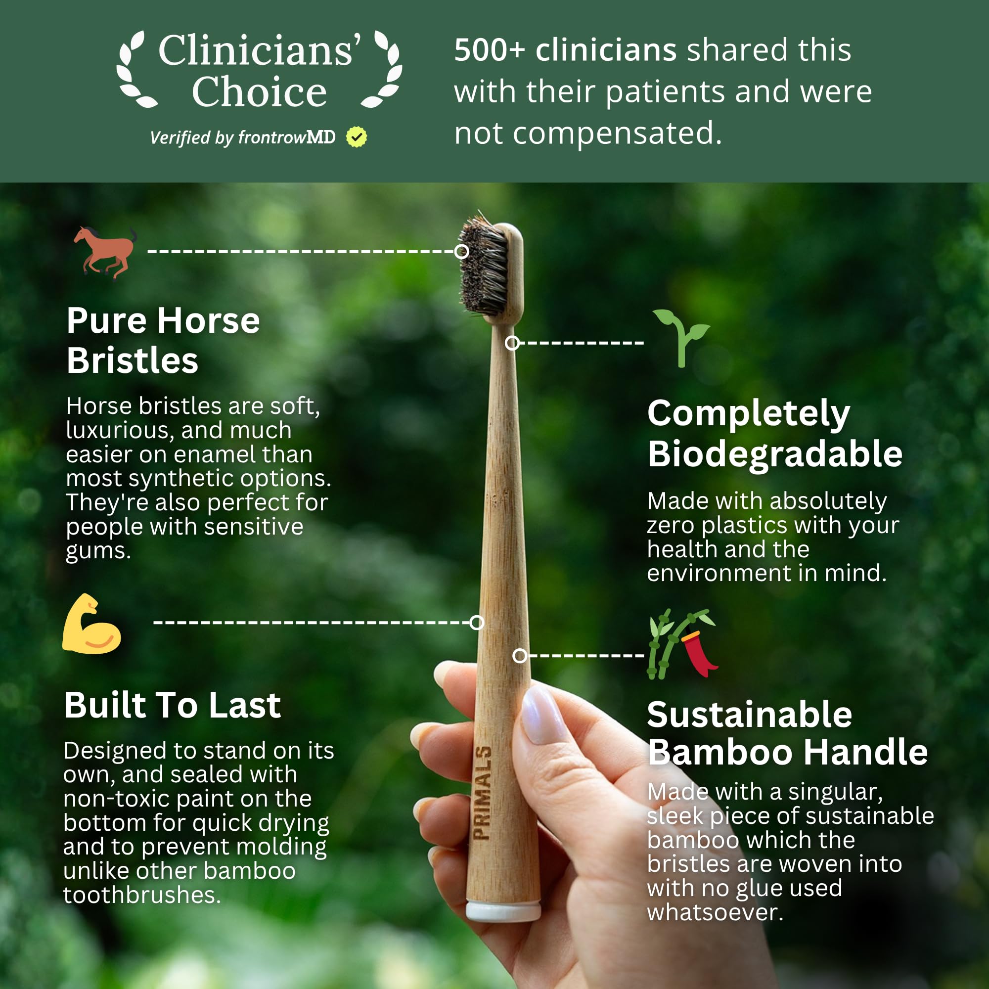 PRIMALS horse bristle bamboo toothbrush 4-pack, eco-friendly toothbrushes with natural bamboo handles and horse hair bristles.